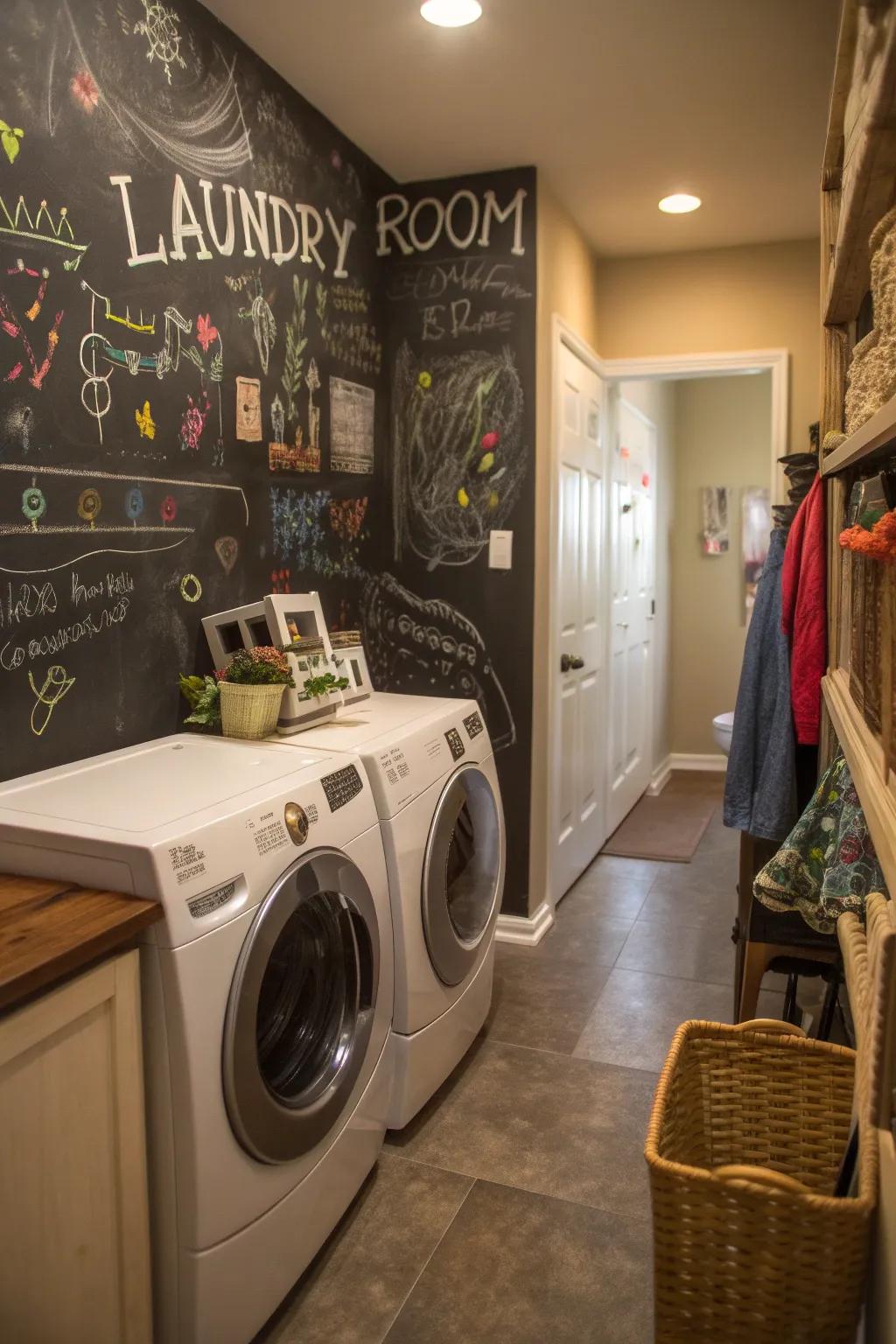 The chalkboard wall gives the laundry area usefulness and beauty.