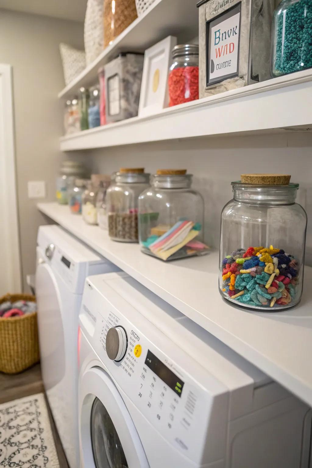 Art pieces amongst receptacles infuse a tailored element into the décor.