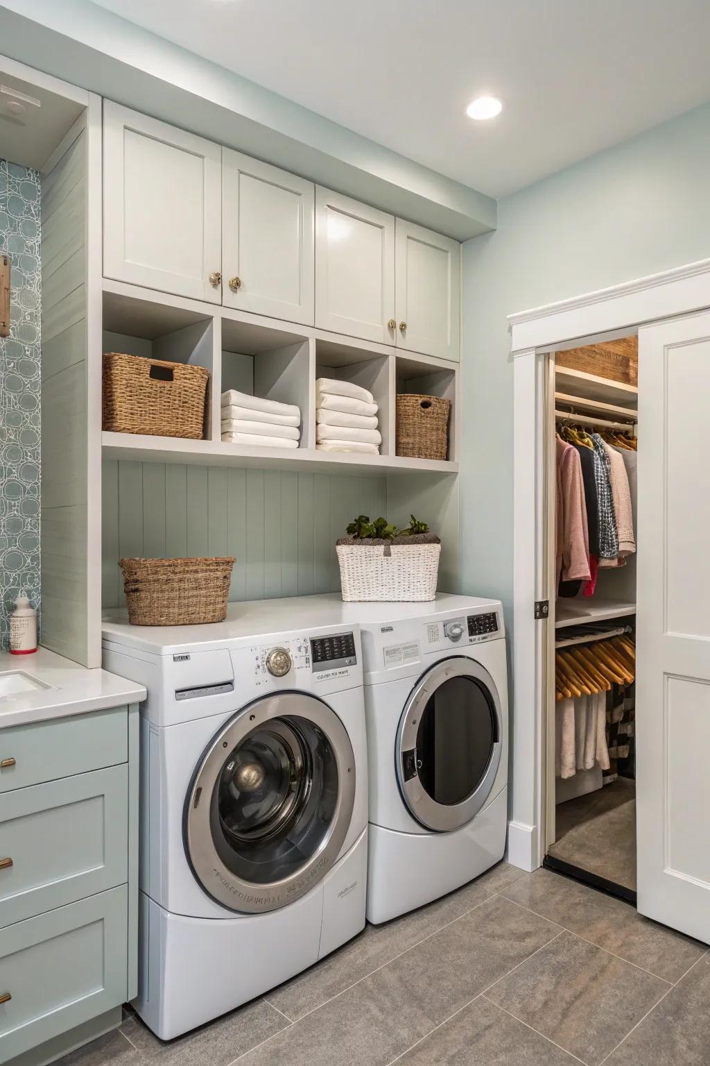 Your laundry room is kept tidy and arranged by hidden storage.