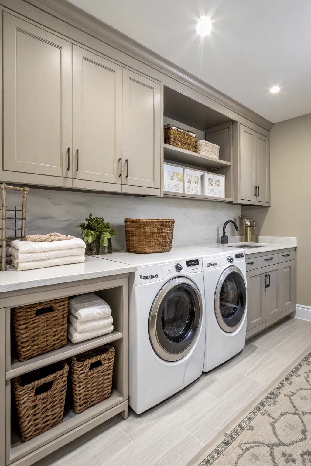 Concealed plumbing enhances the room's streamlined appearance.