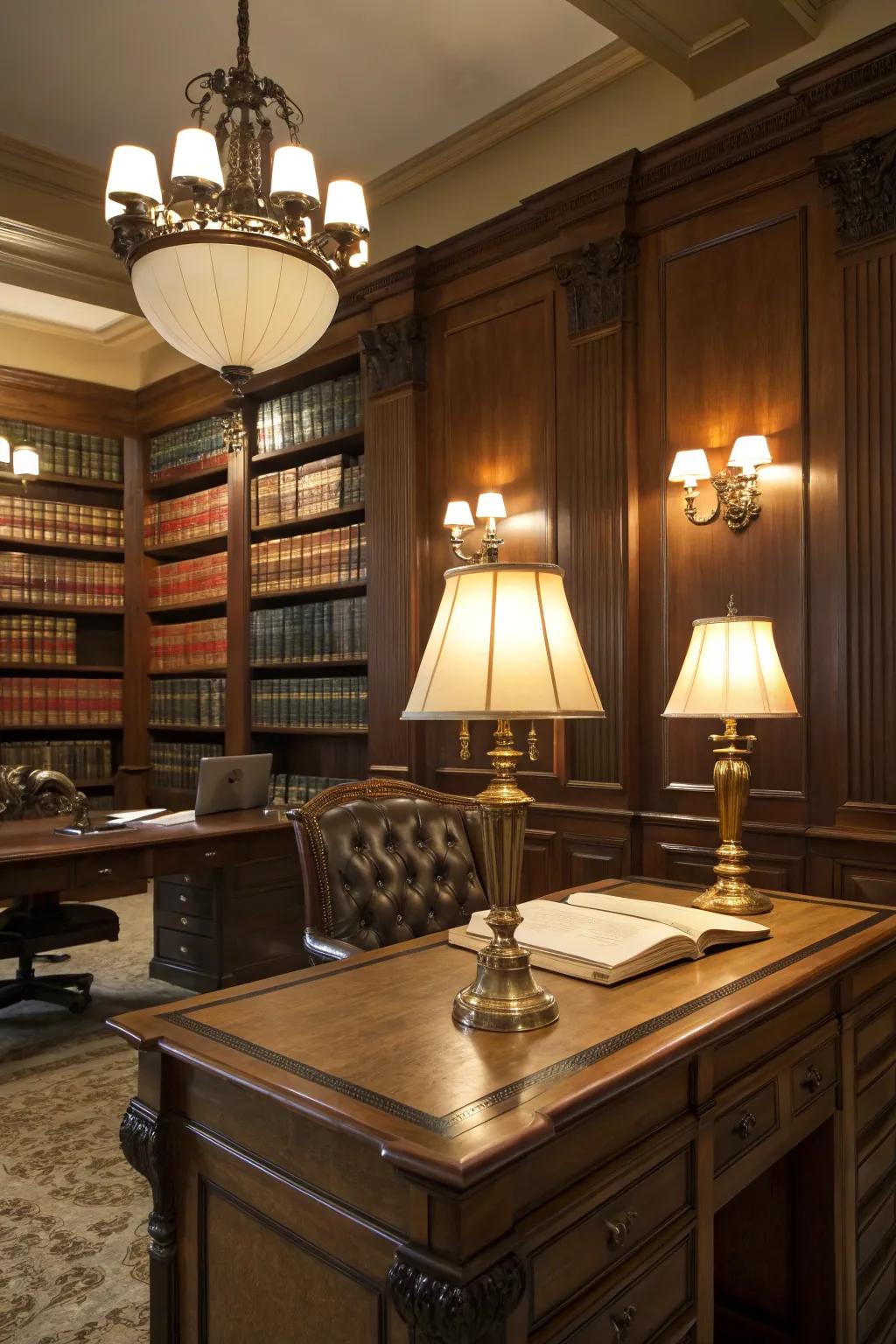 Soft lighting enhances the office's warmth and comfort.
