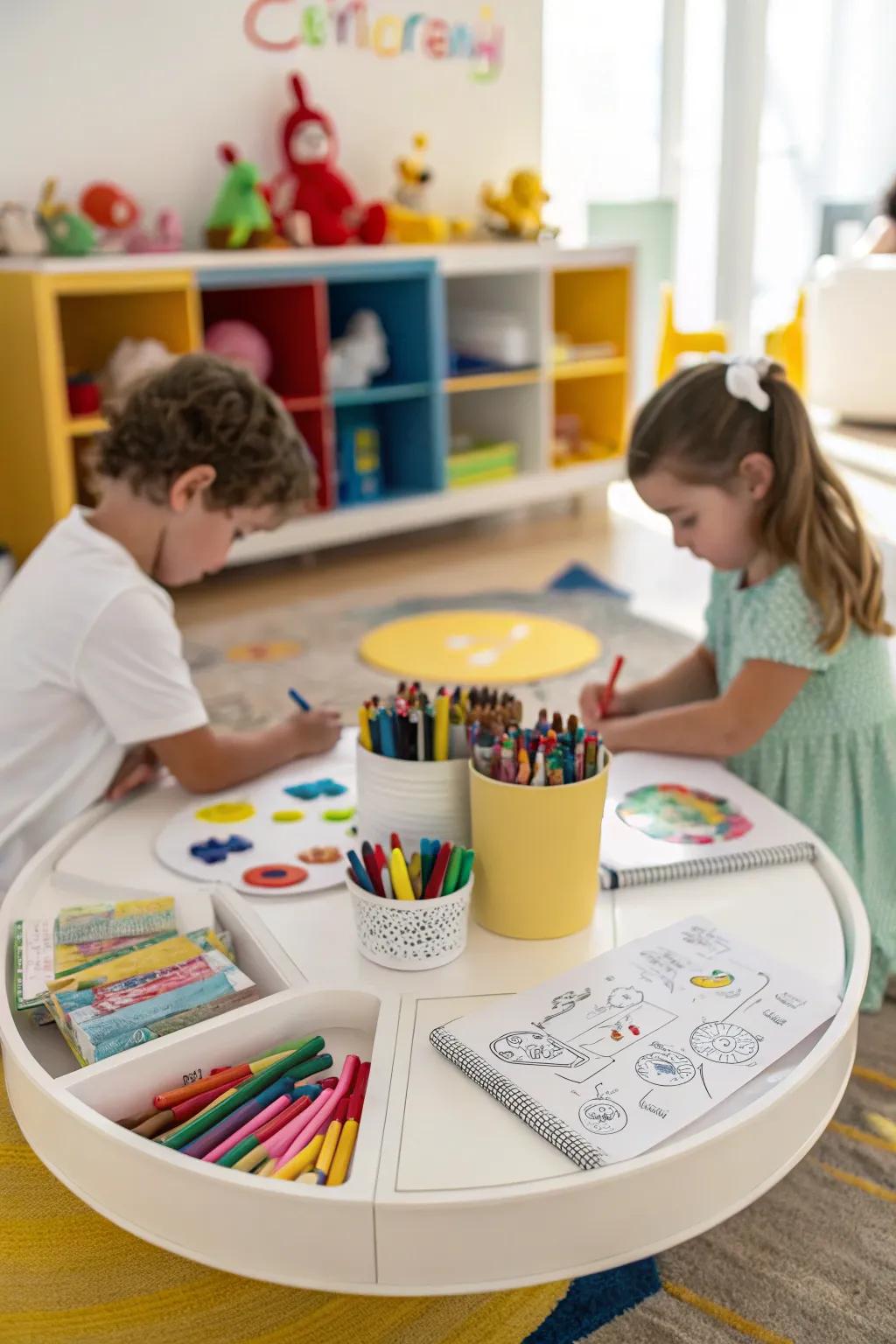 A colorful kids’ art corner that utilizes a spinning organizer for storing art supplies.