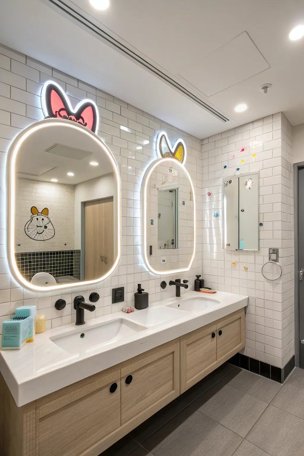 A playful bathroom design featuring custom-shaped illuminated mirrors.