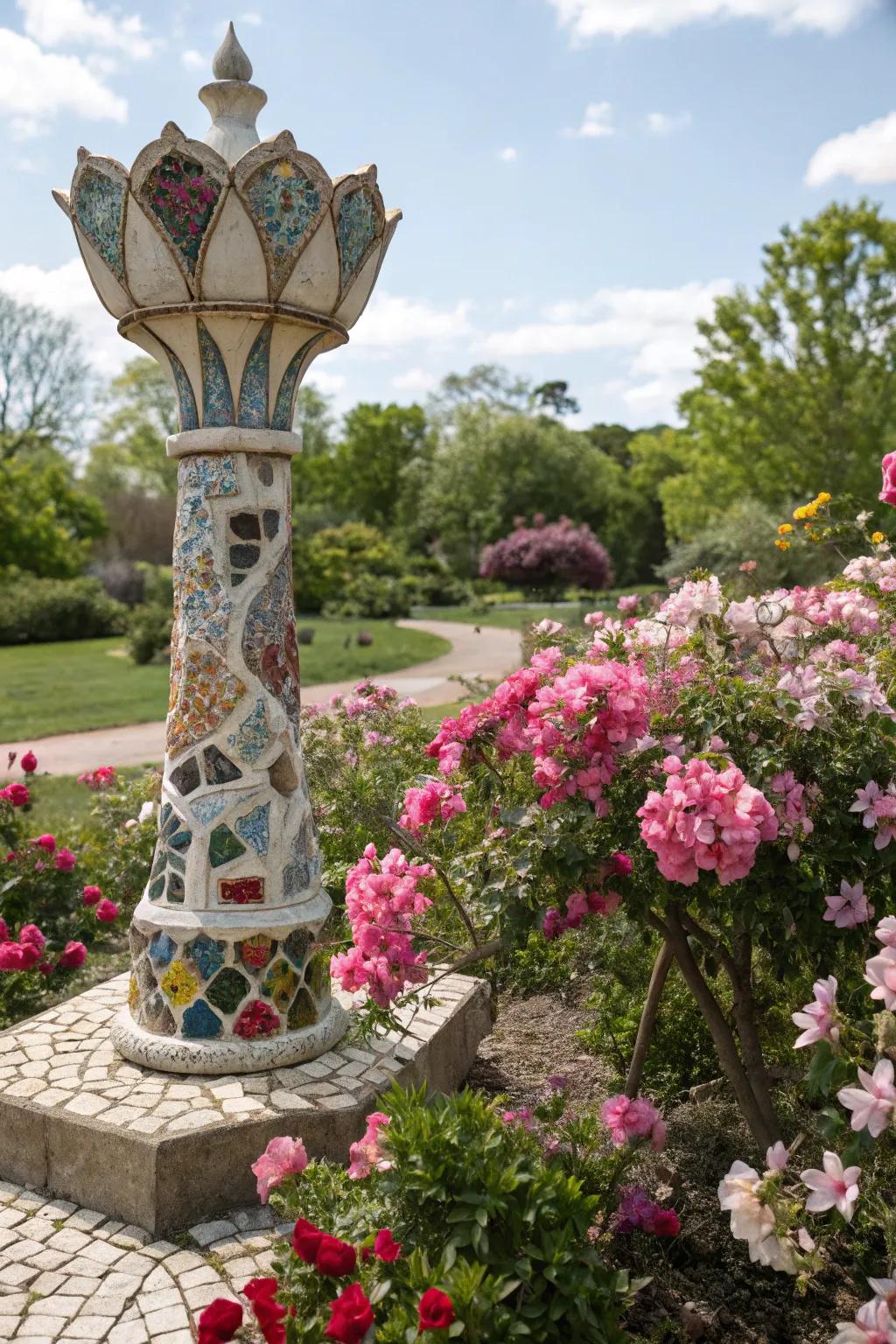 A garden art piece crafted from plates, celebrating transformation.