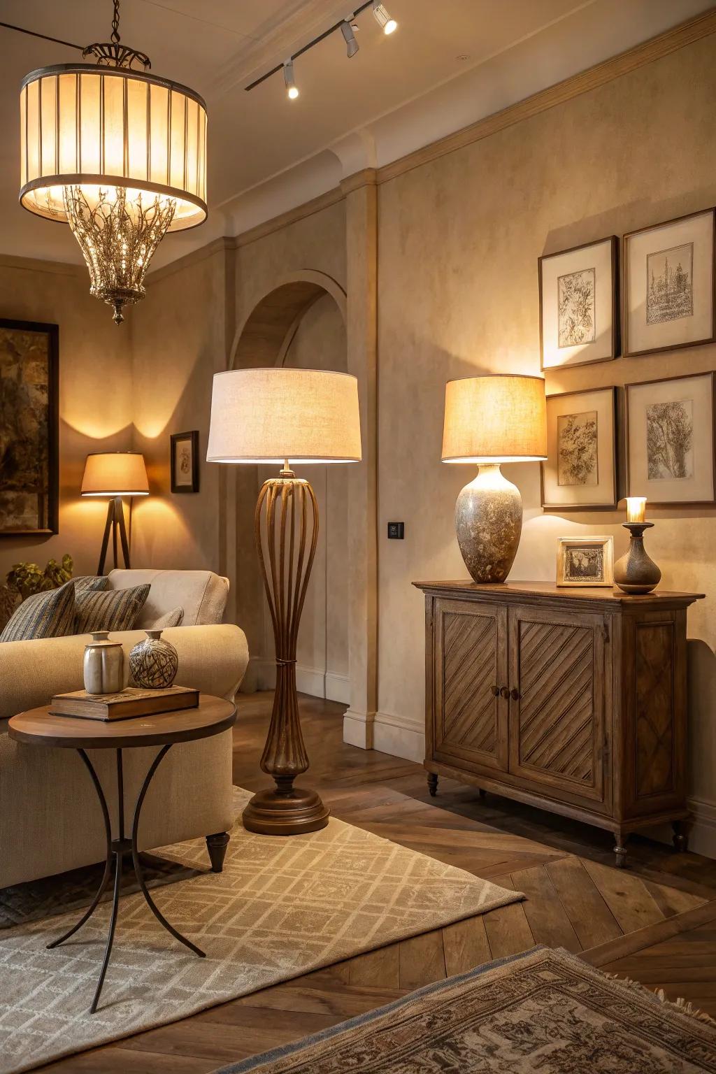 Layered illumination enhances the area's warmth and ambiance.