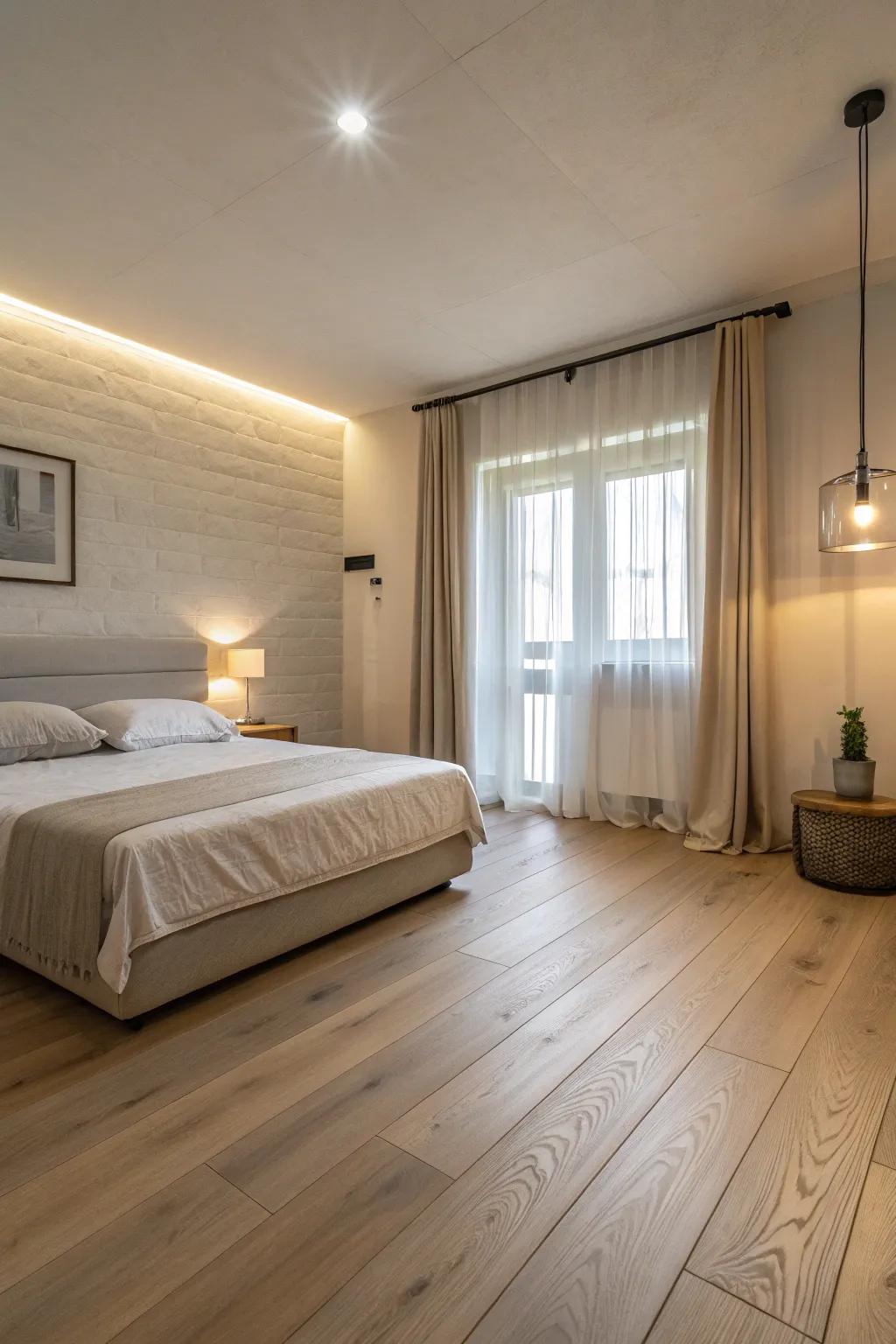 Pale blonde oak flooring contributes refined simplicity to this minimalist bedroom.