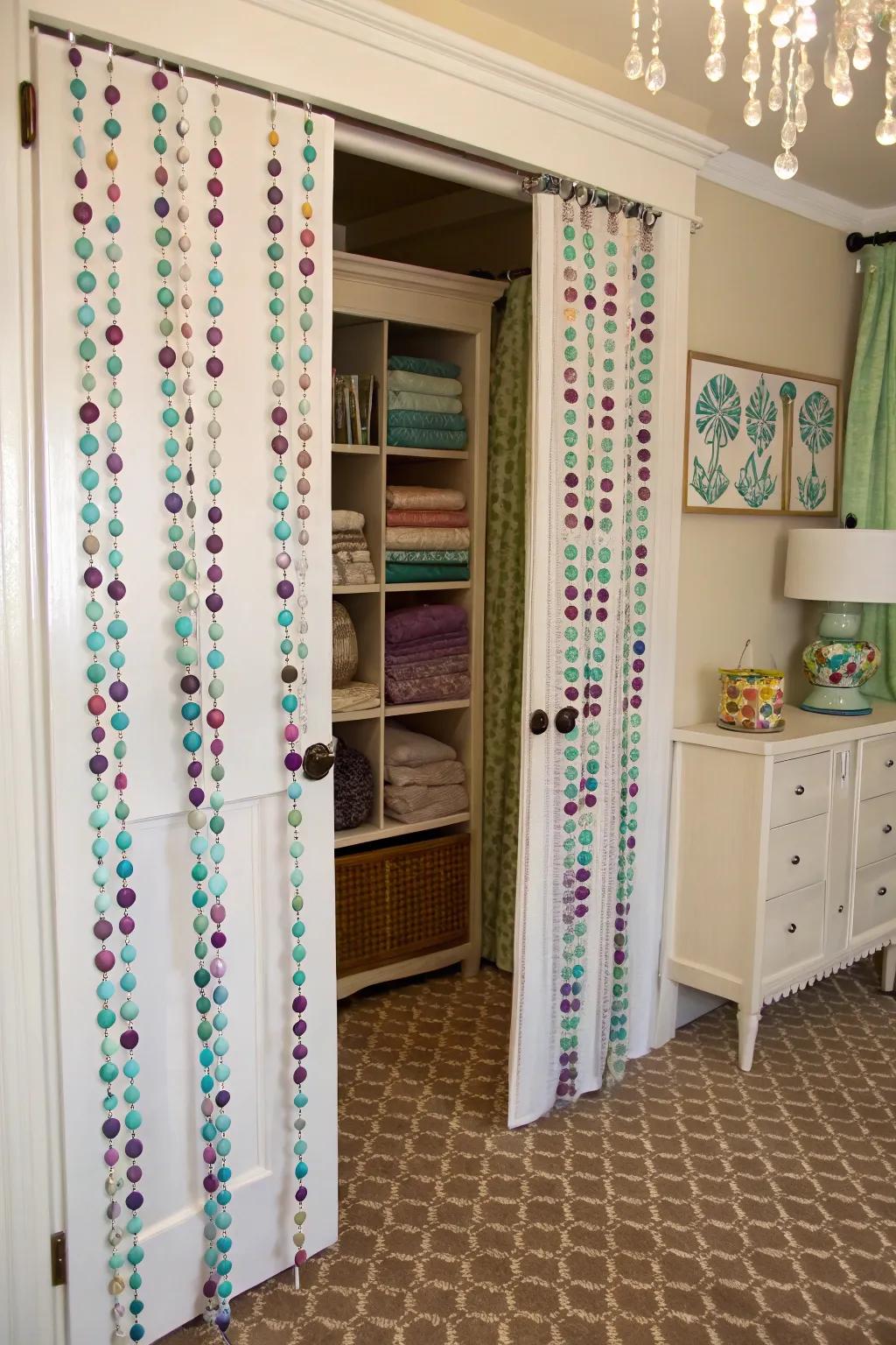 Seeded drapes furnish a whimsical and retro nuance to a linen closet.