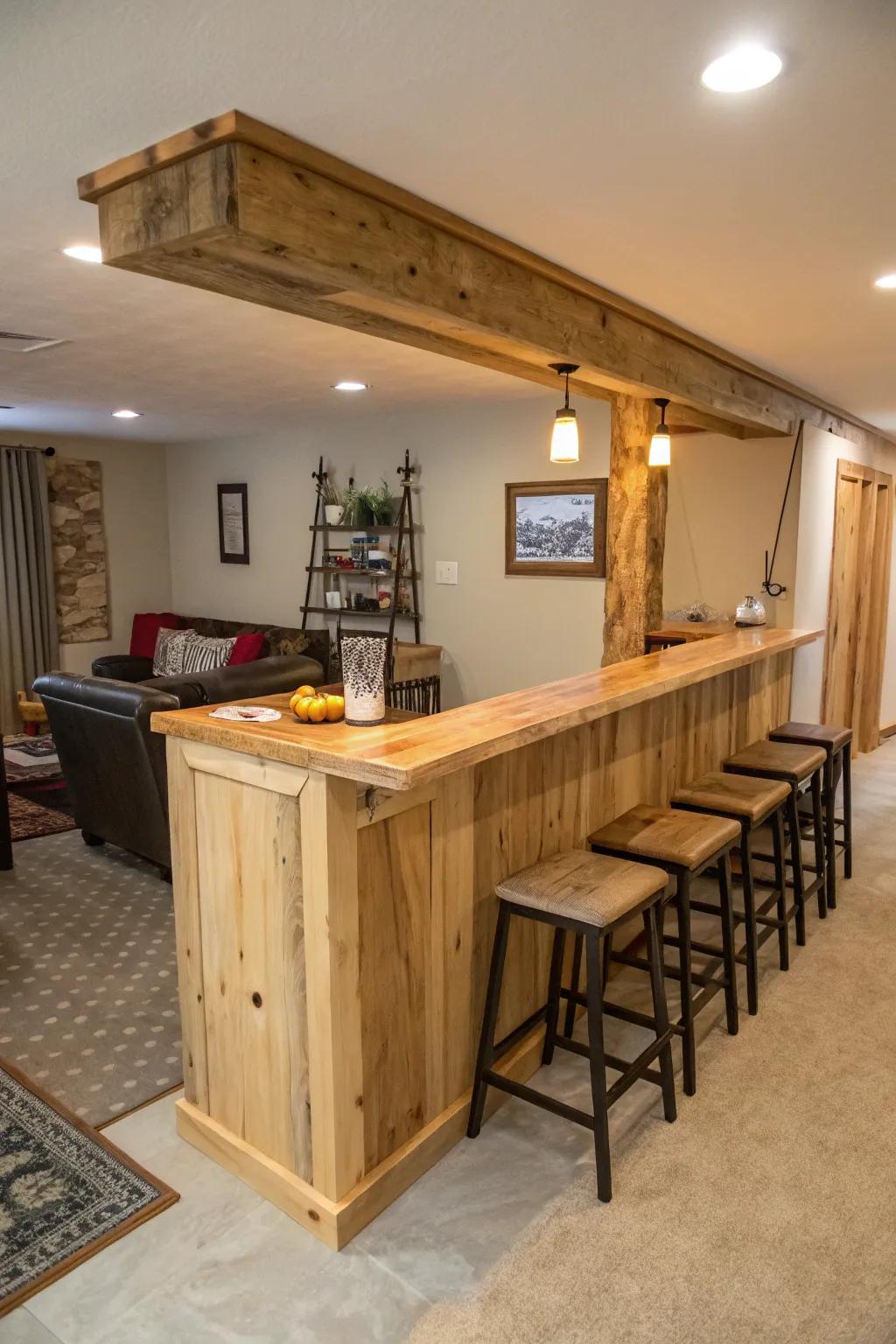 A natural-edge bar that has dual functions as both a bar and dining space within a compact setting.