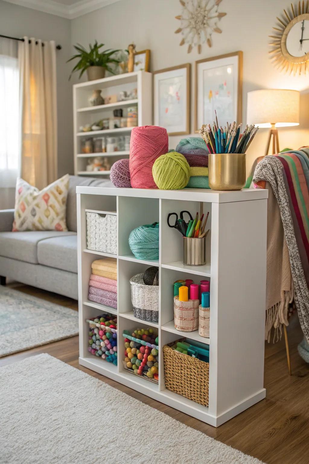 An artisan station organizer utilizing cube storage for neat creativity.