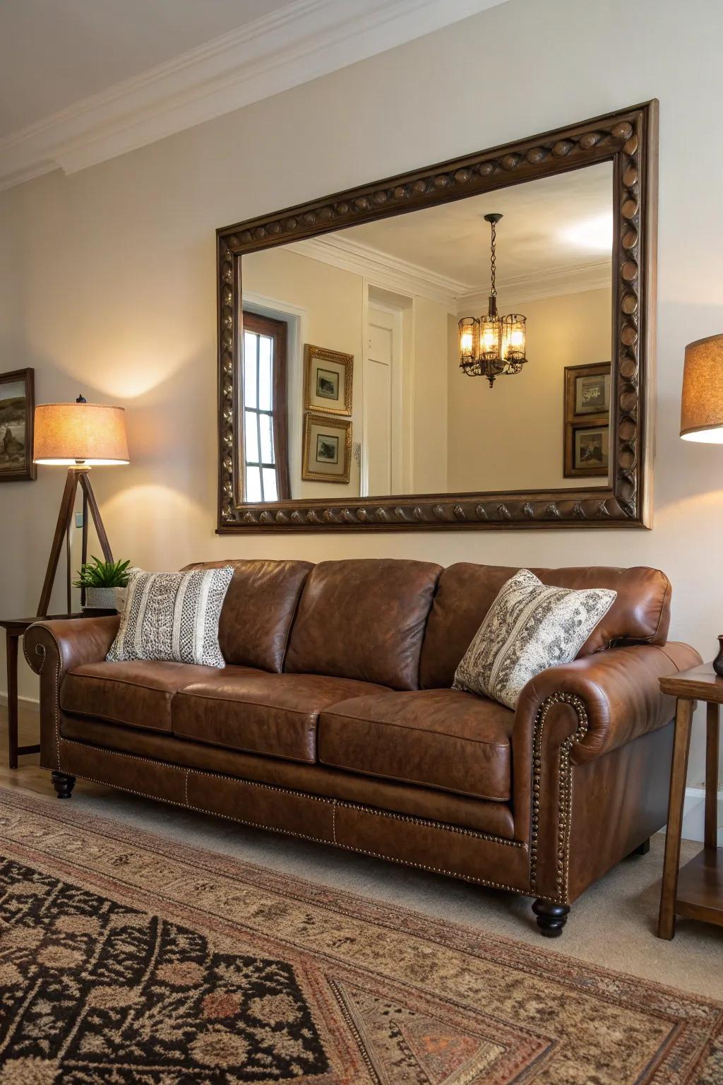 Mirrors improve light and space in the family room.