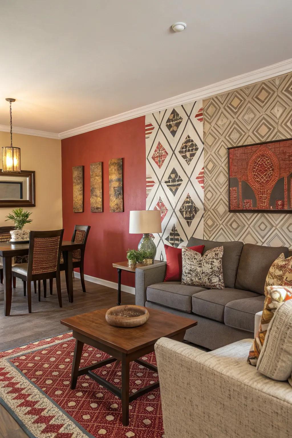 An accent wall draws the eye, adding richness and charm.