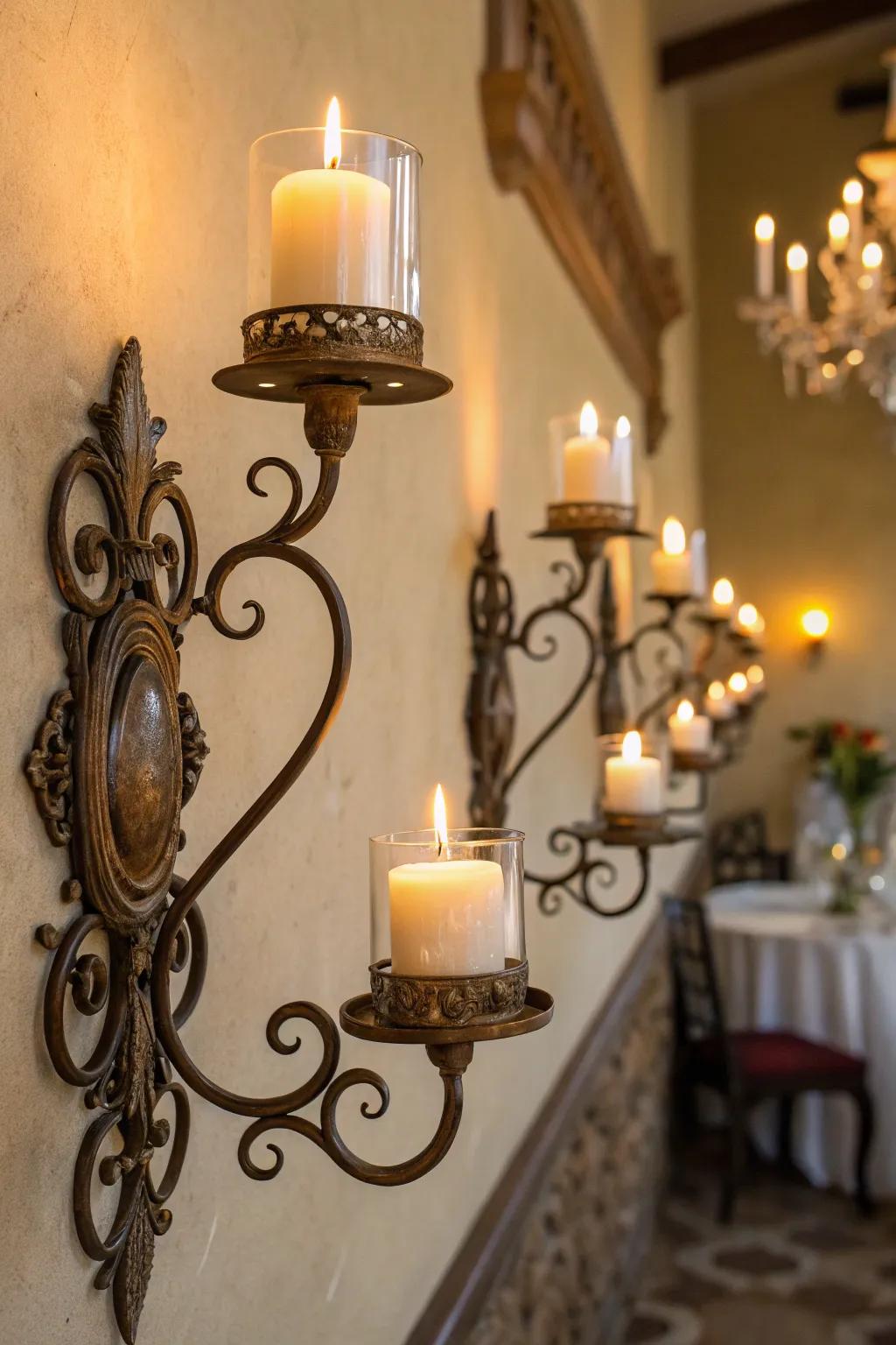 Wall candle holders provide a warm and inviting glow.
