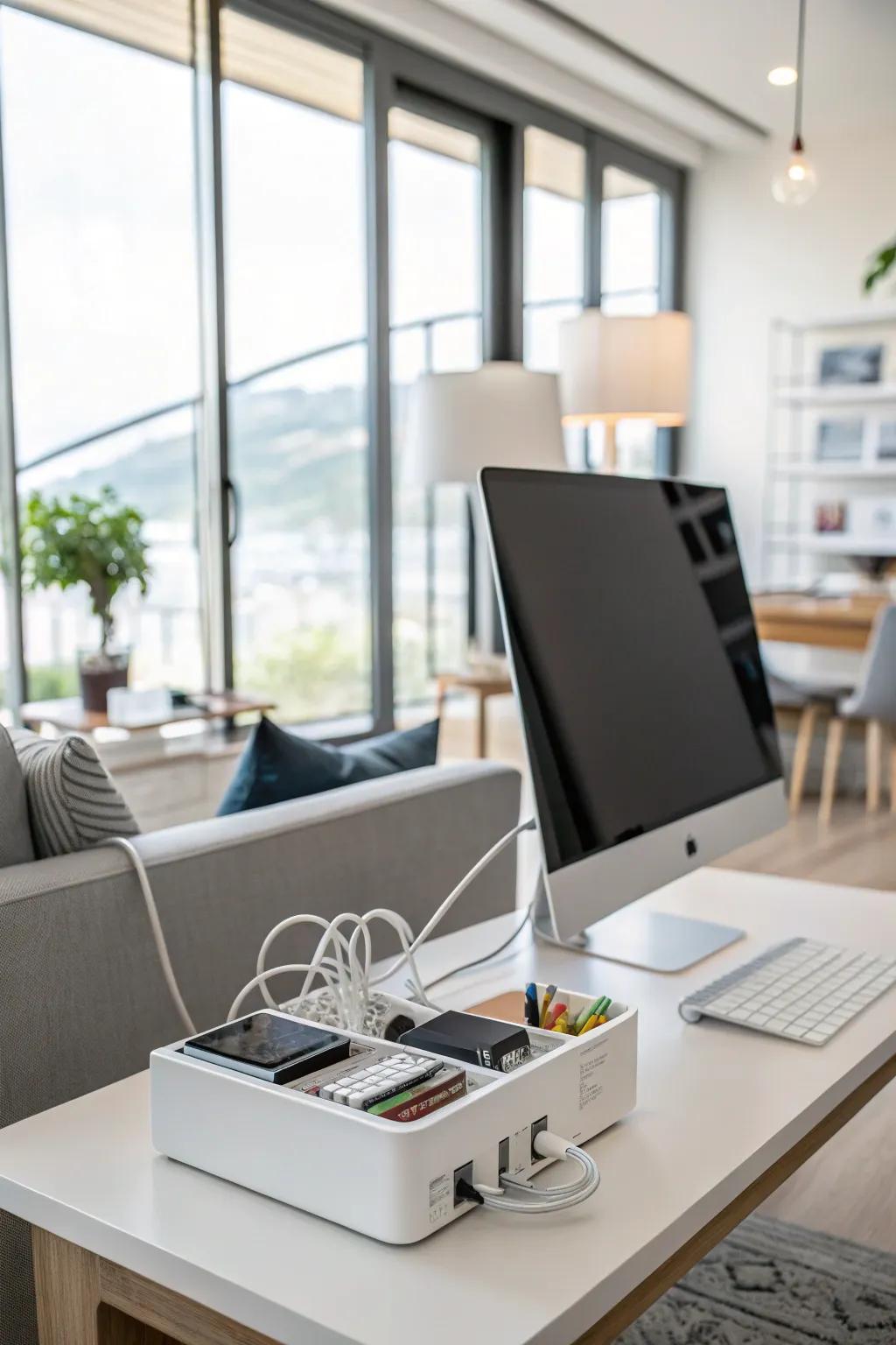 A tech-savvy setup keeps the workspace clean and functional.