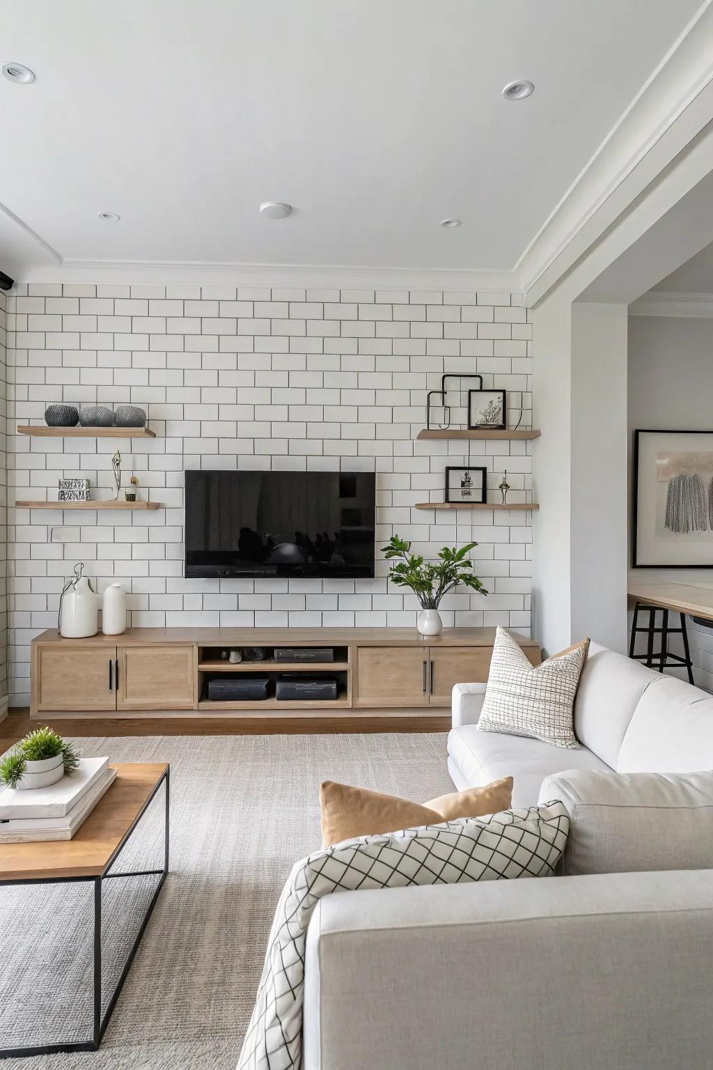 Timeless living room with minimalist subway tile wall.
