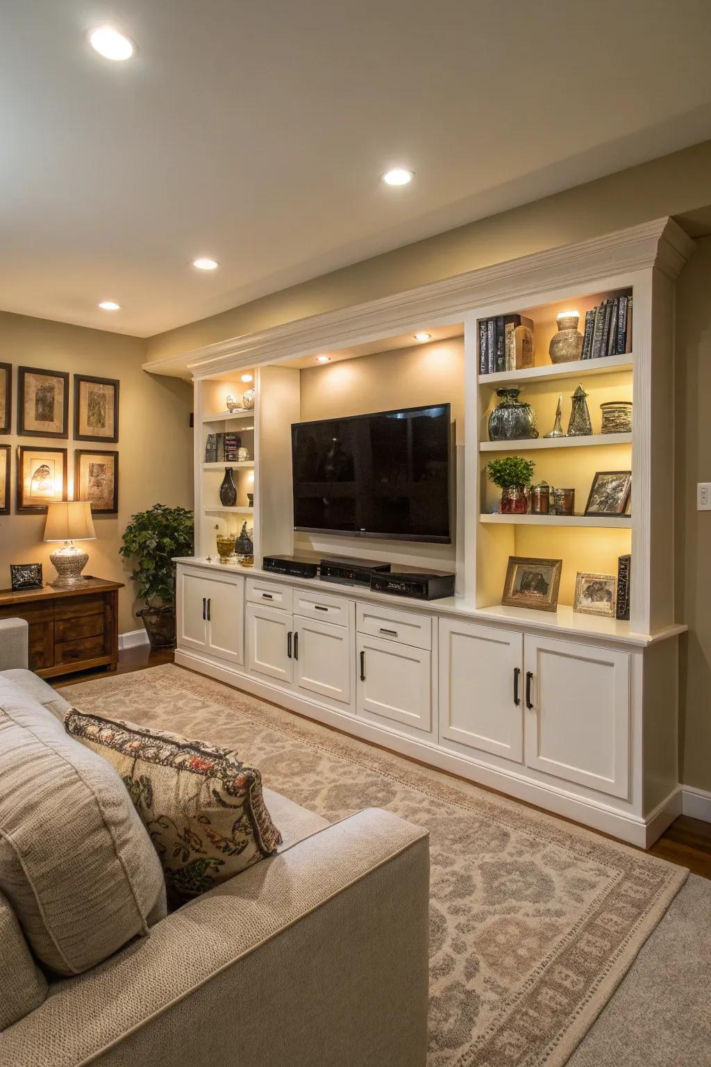 A custom media wall presents streamlined storage remedies.