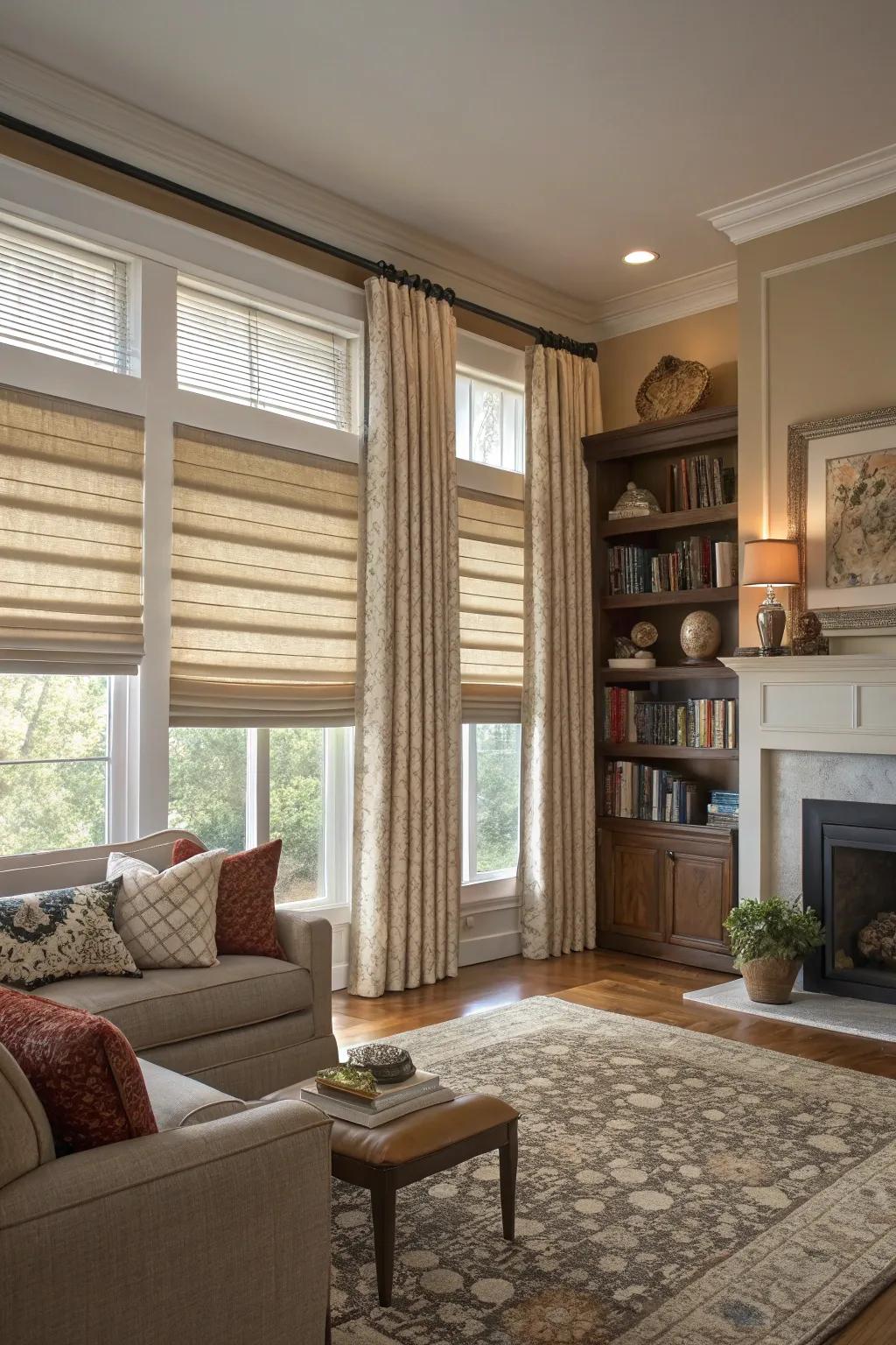 Layered window finishes adding depth and versatility.