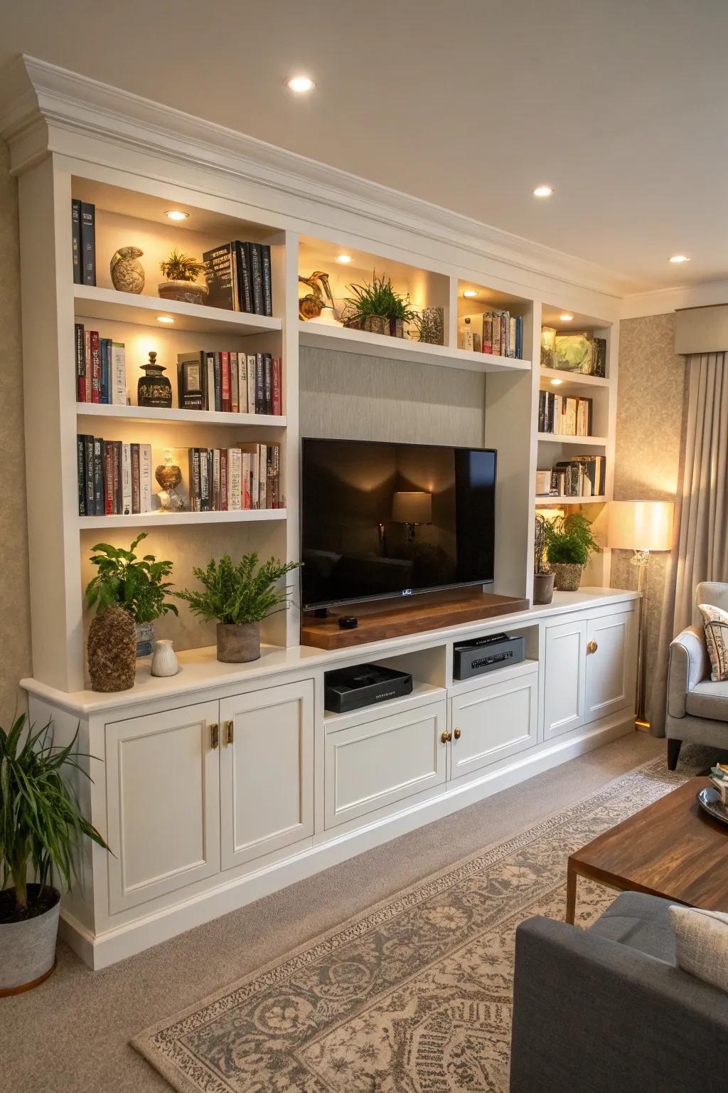 A media wall with combined bookshelves delivers both usefulness and design.