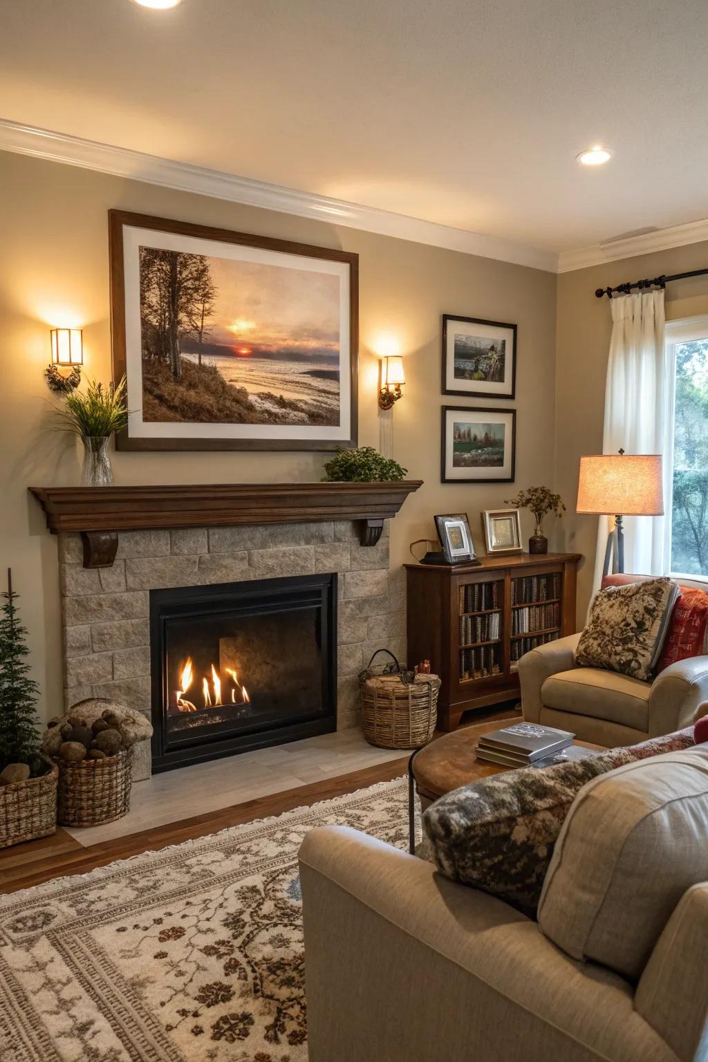 A living space emphasizing a personal connection through a significant photograph positioned above the fireside.