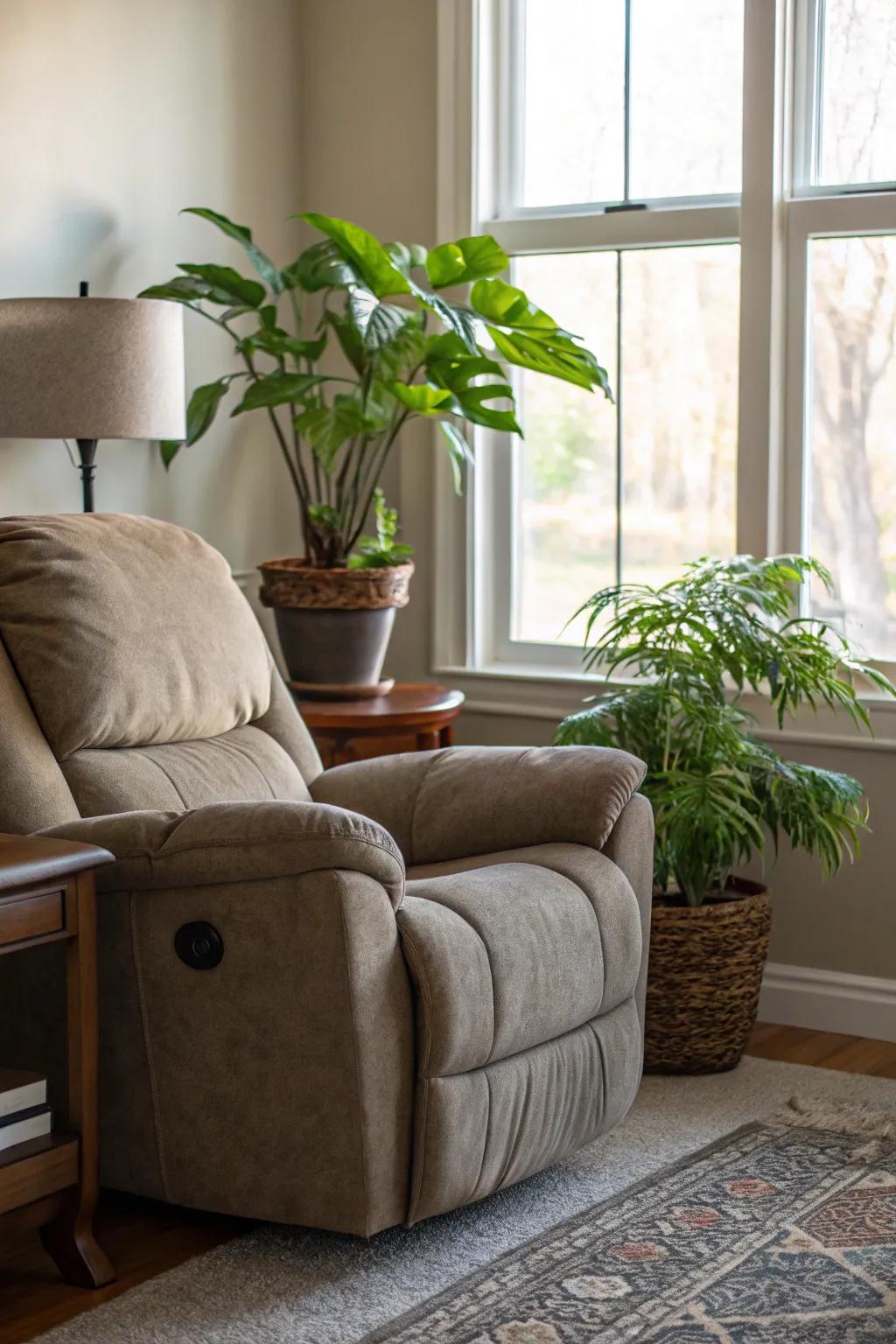 A refreshing living area corner showcasing a recliner complemented by greenery.