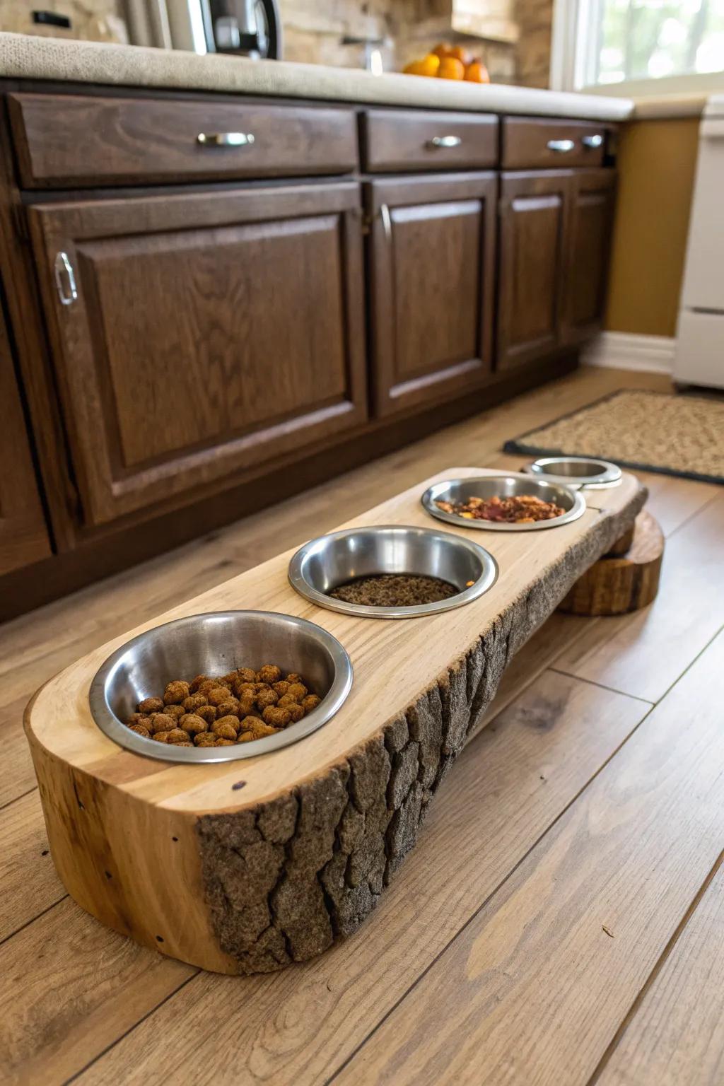 A lumber-crafted canine bowl holder for a country impression.