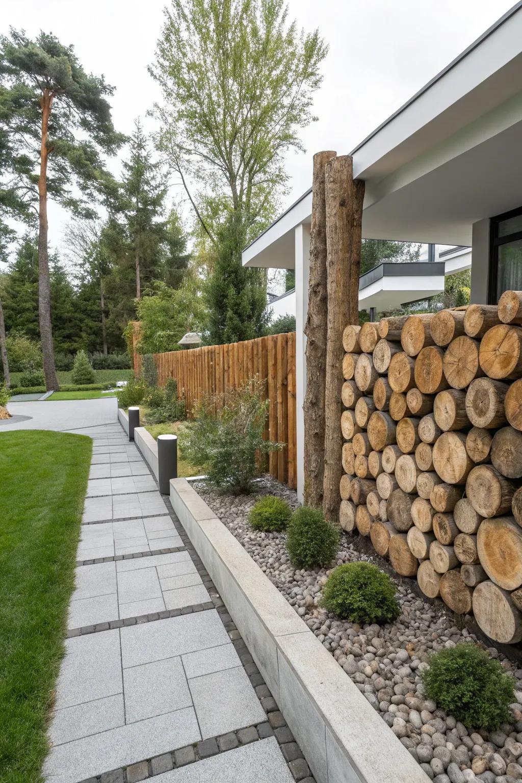 Standing log layouts make a daring statement.