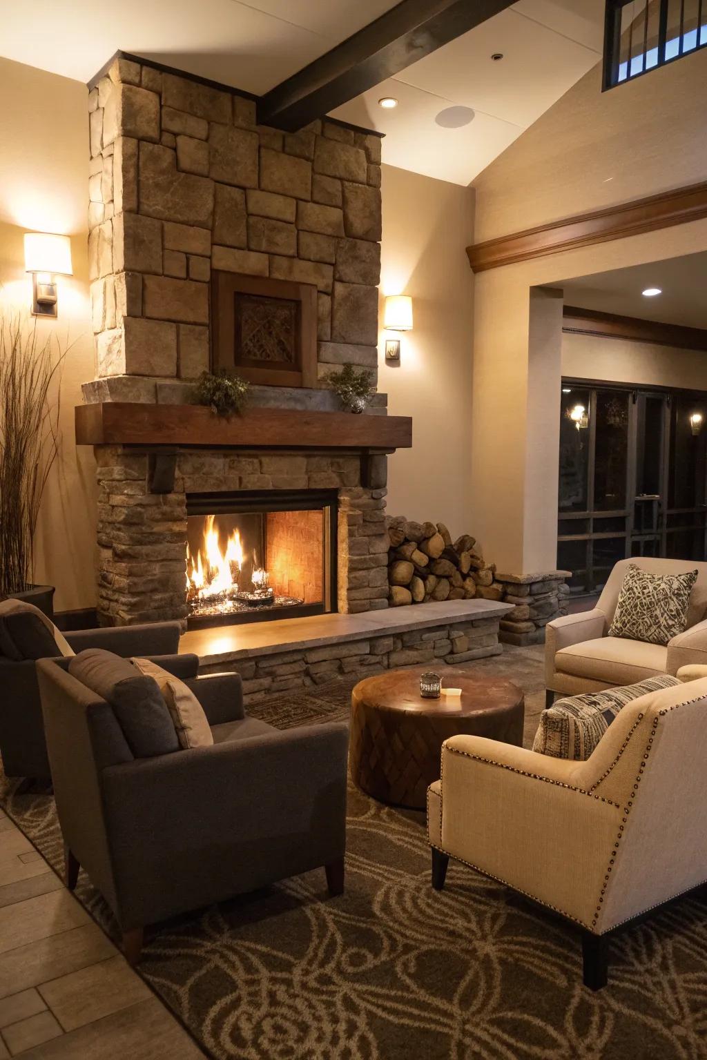 Fireplaces enhance warmth and serve as a charming focal point.