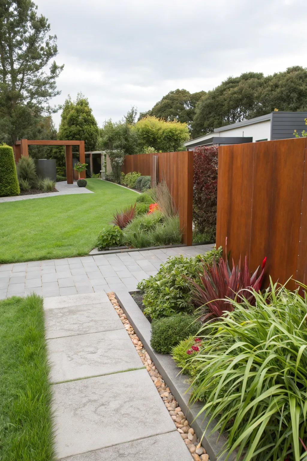 Corten steel panels contribute an industrial edge to this modern front garden.