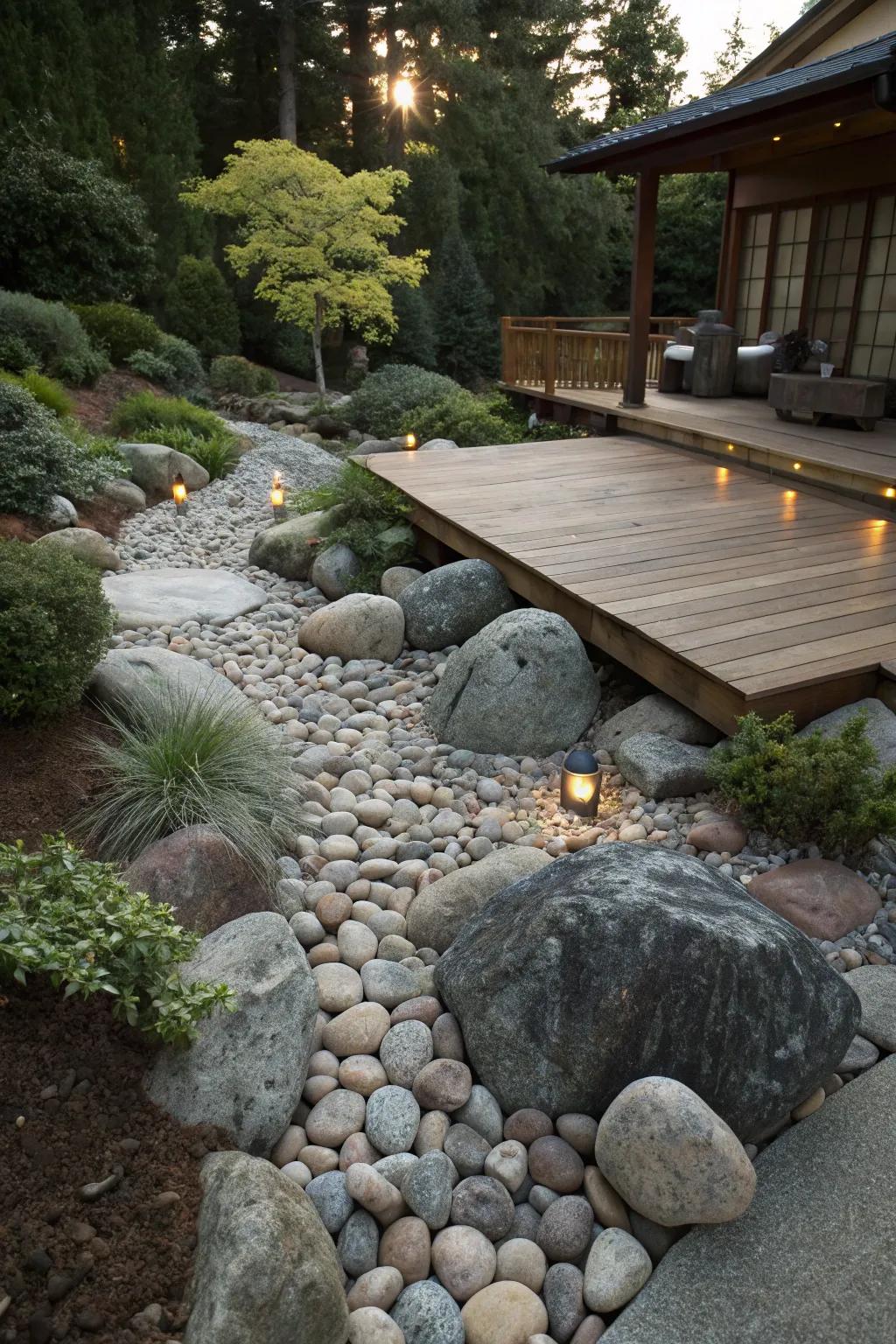 A rock garden featuring a variety of stones around a deck.