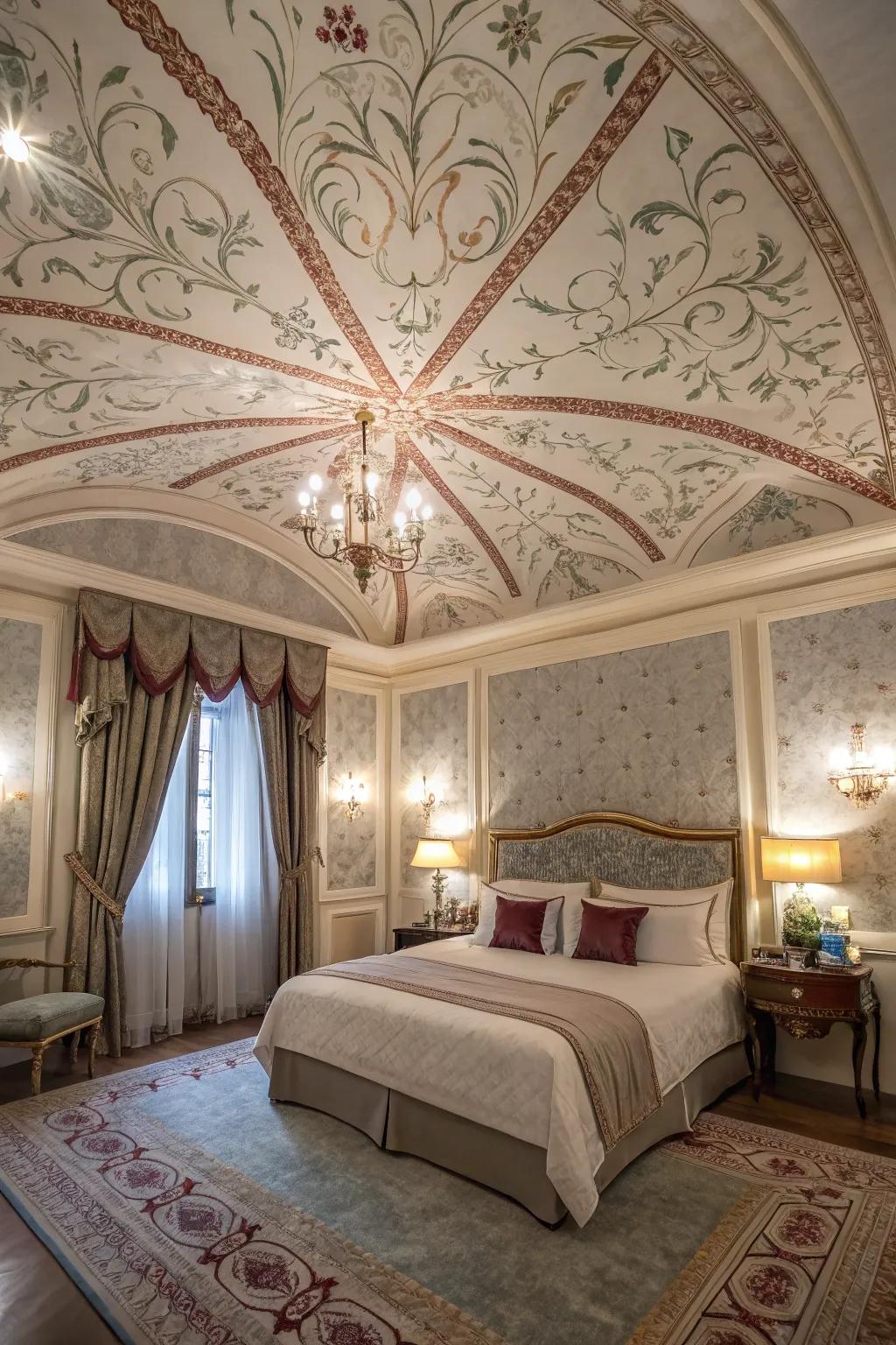 A luxurious bedroom featuring an overhead that serves as a dramatic design canvas.