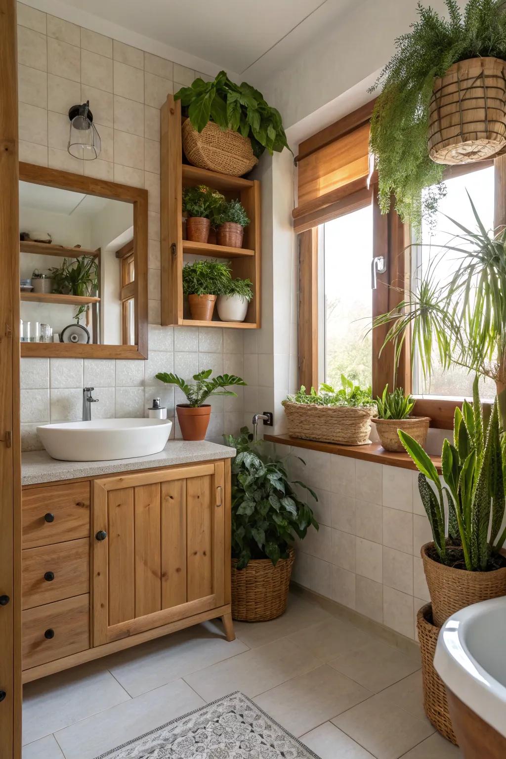 Nature-inspired elements adding a calming effect to a bathroom.