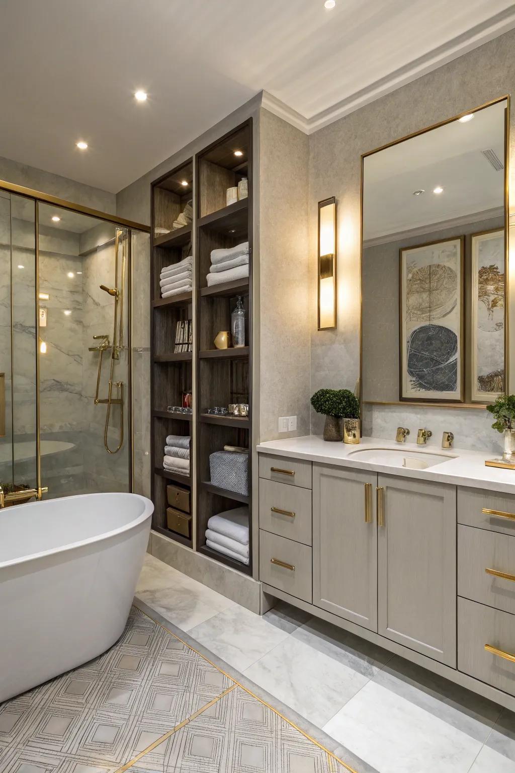 A modern bathroom featuring bespoke storage systems.
