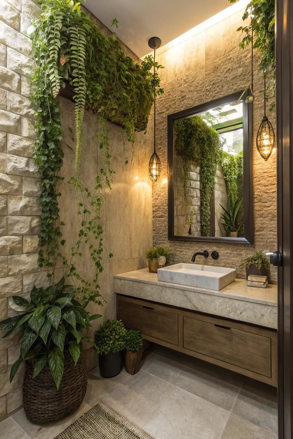 Natural components bring a fresh and calming vibe to the powder room.