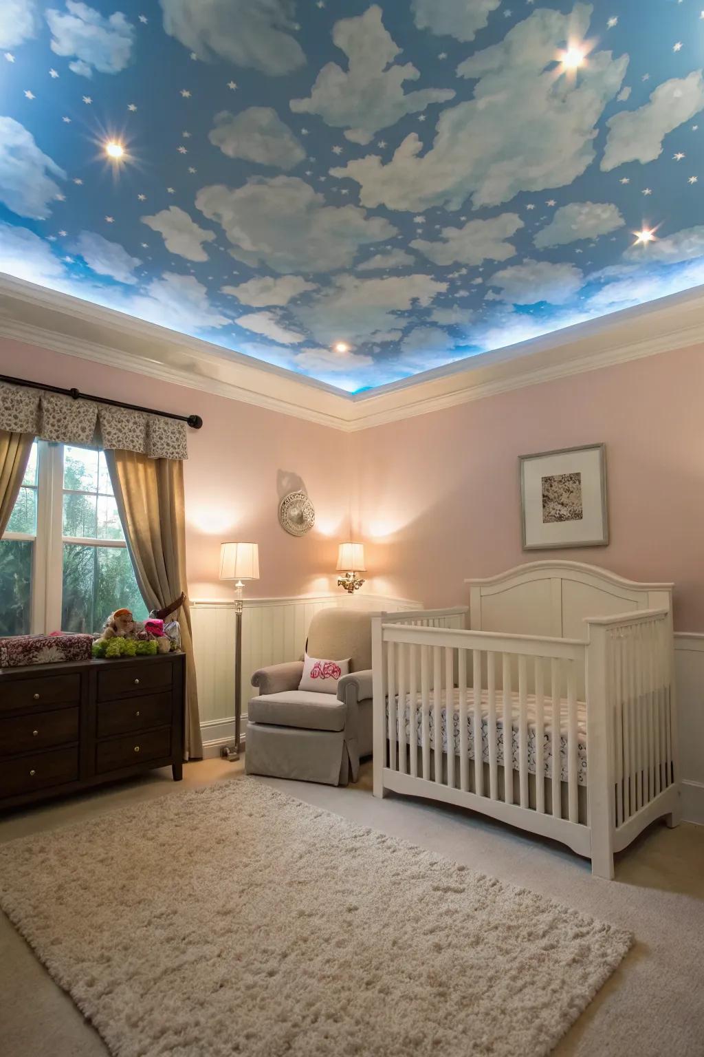 A nursery with a statement ceiling featuring a sky motif for a whimsical touch.