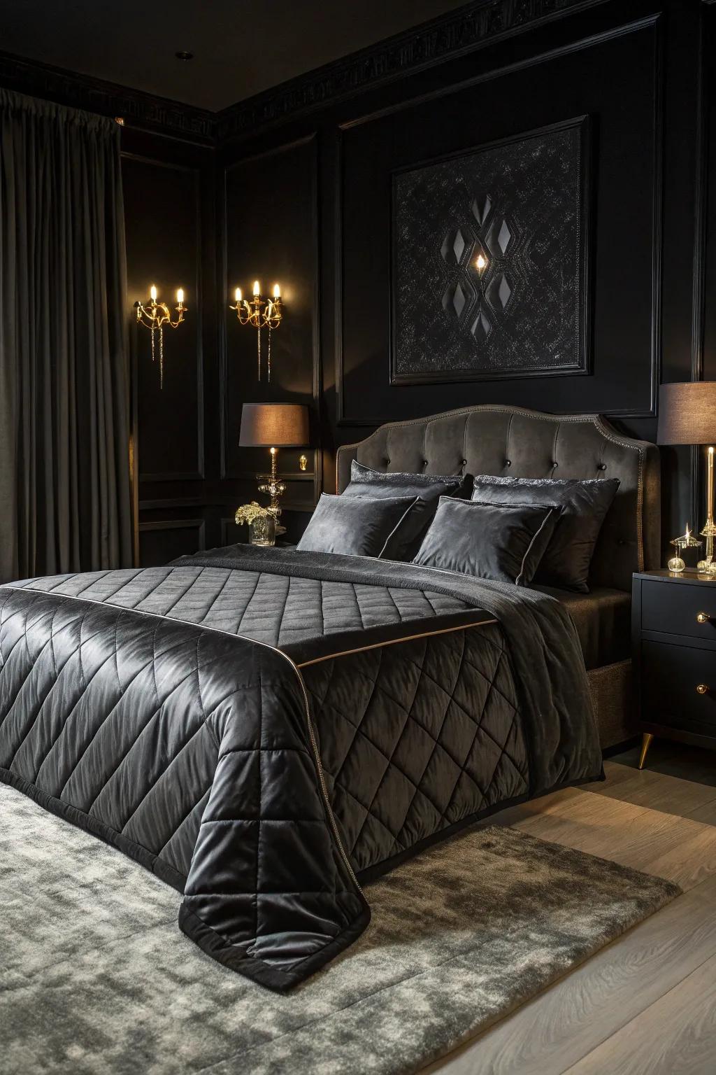Luxurious bedding ensures comfort and indulgence in this passionate onyx bedroom.