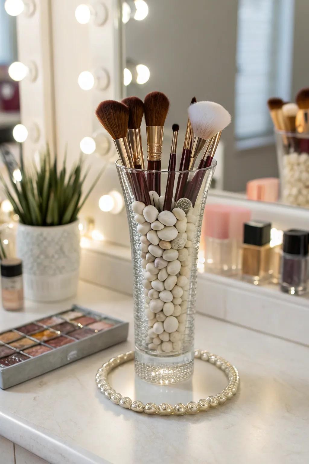 Vases present a rudimentary yet elegant avenue to display makeup brushes.