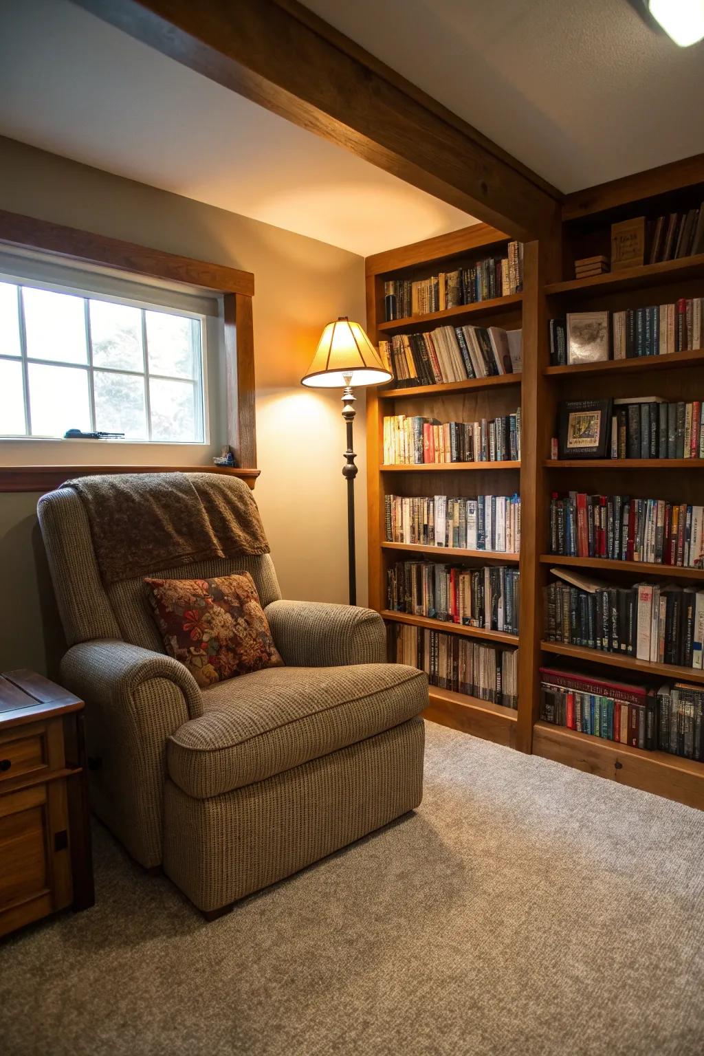 Cultivate a serene escape with a welcoming reading alcove in your man cave.