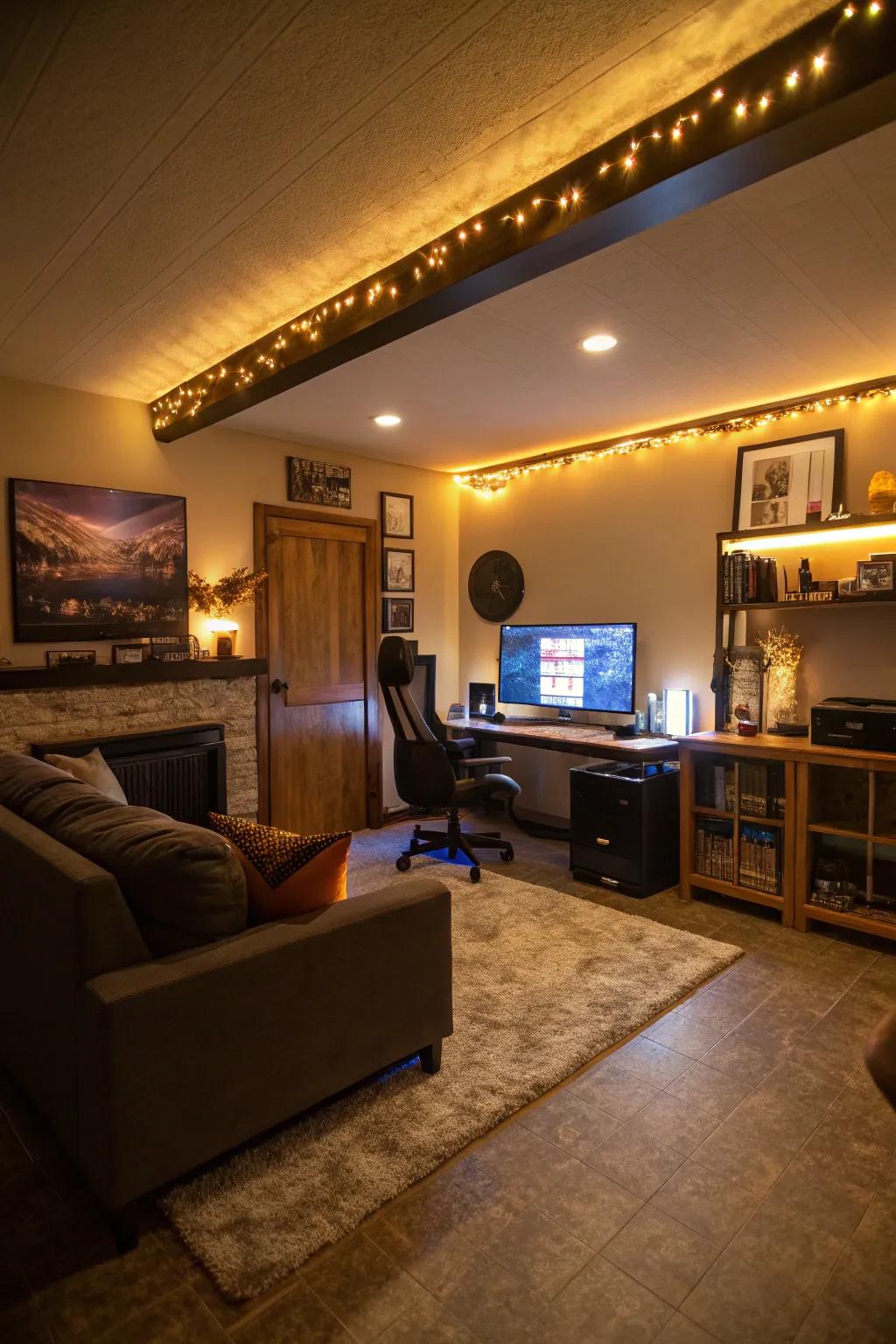 Layered lighting enriches this man cave.