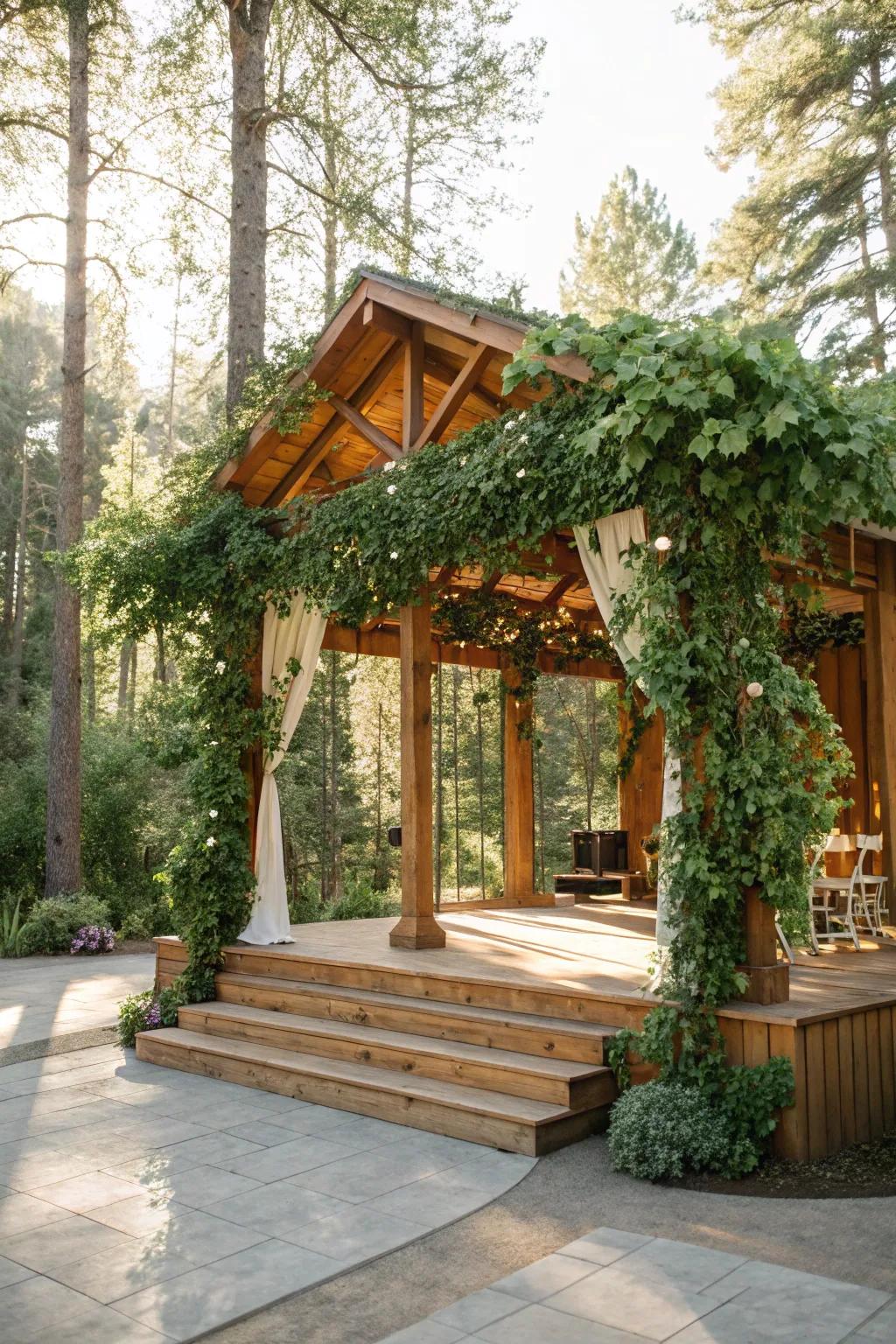 Lush foliage and timber elements create a nature-inspired altar.