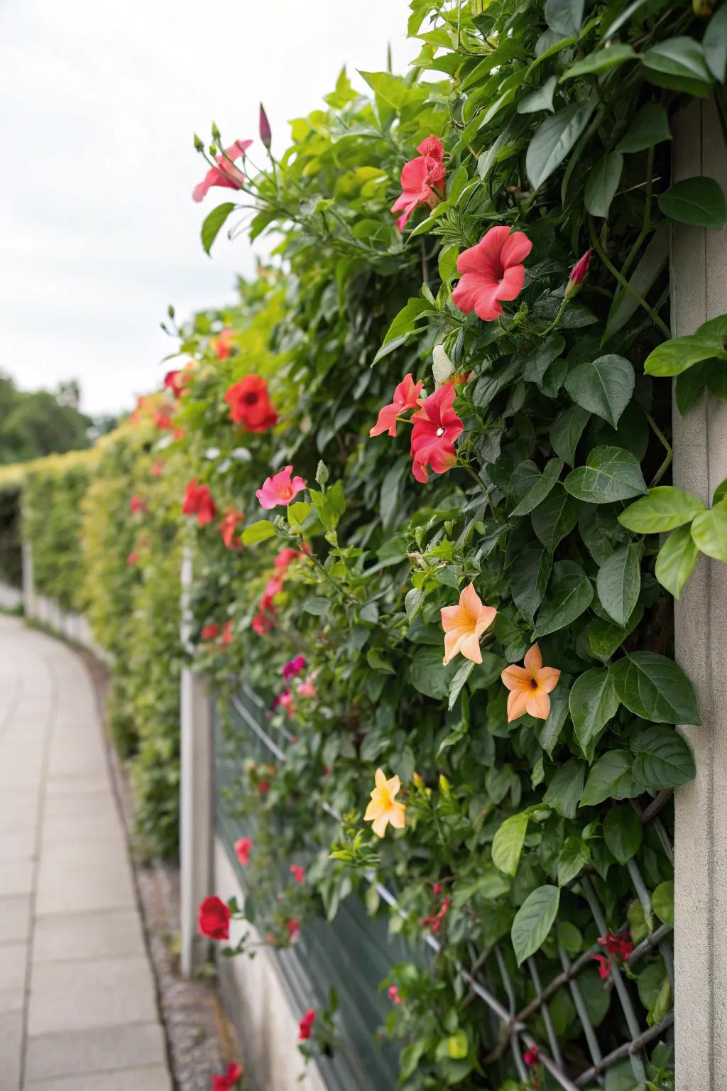 An elevated garden support featuring blushing trumpet vine maximizes area and introduces lush beauty.