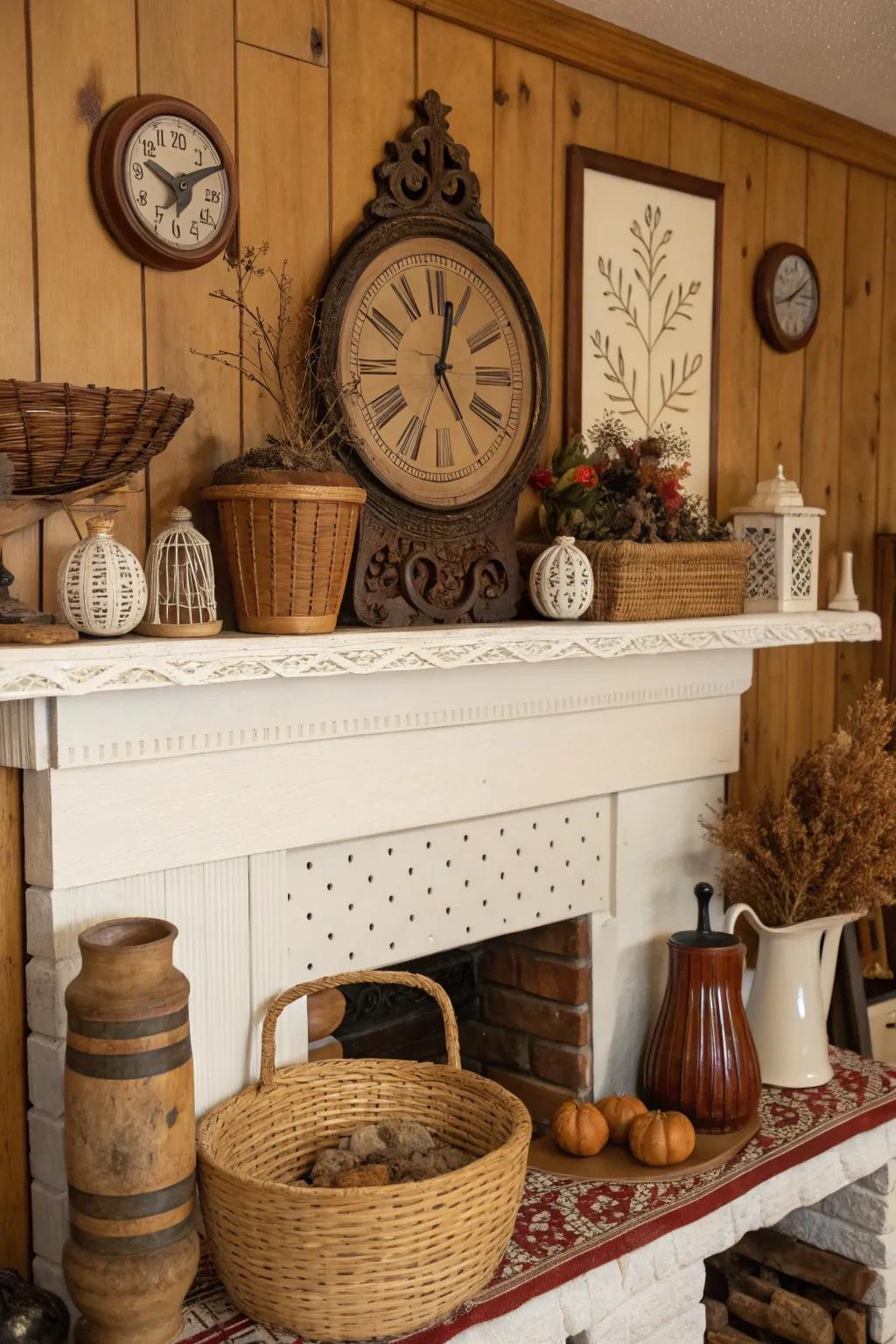 An artisanal mantel featuring a timepiece and handmade crafts.