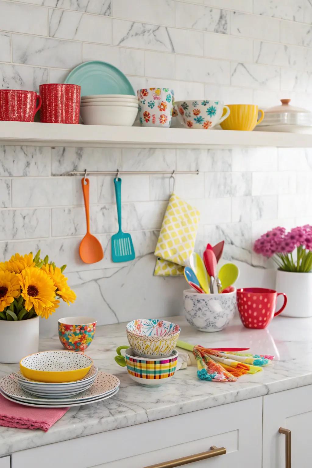 A spirited kitchen displays a neutral marble backsplash enhanced by colorful embellishments.