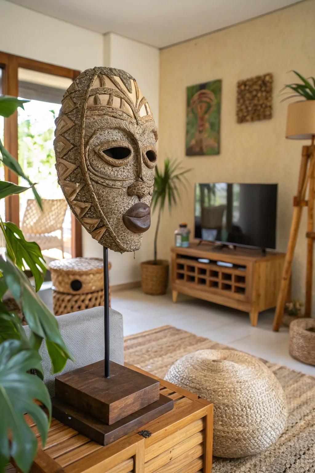 An eco-friendly mask artwork uniting art with environmental responsibility.