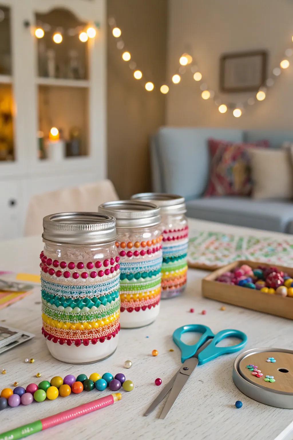 Playful boho quart containers with bead adornments.