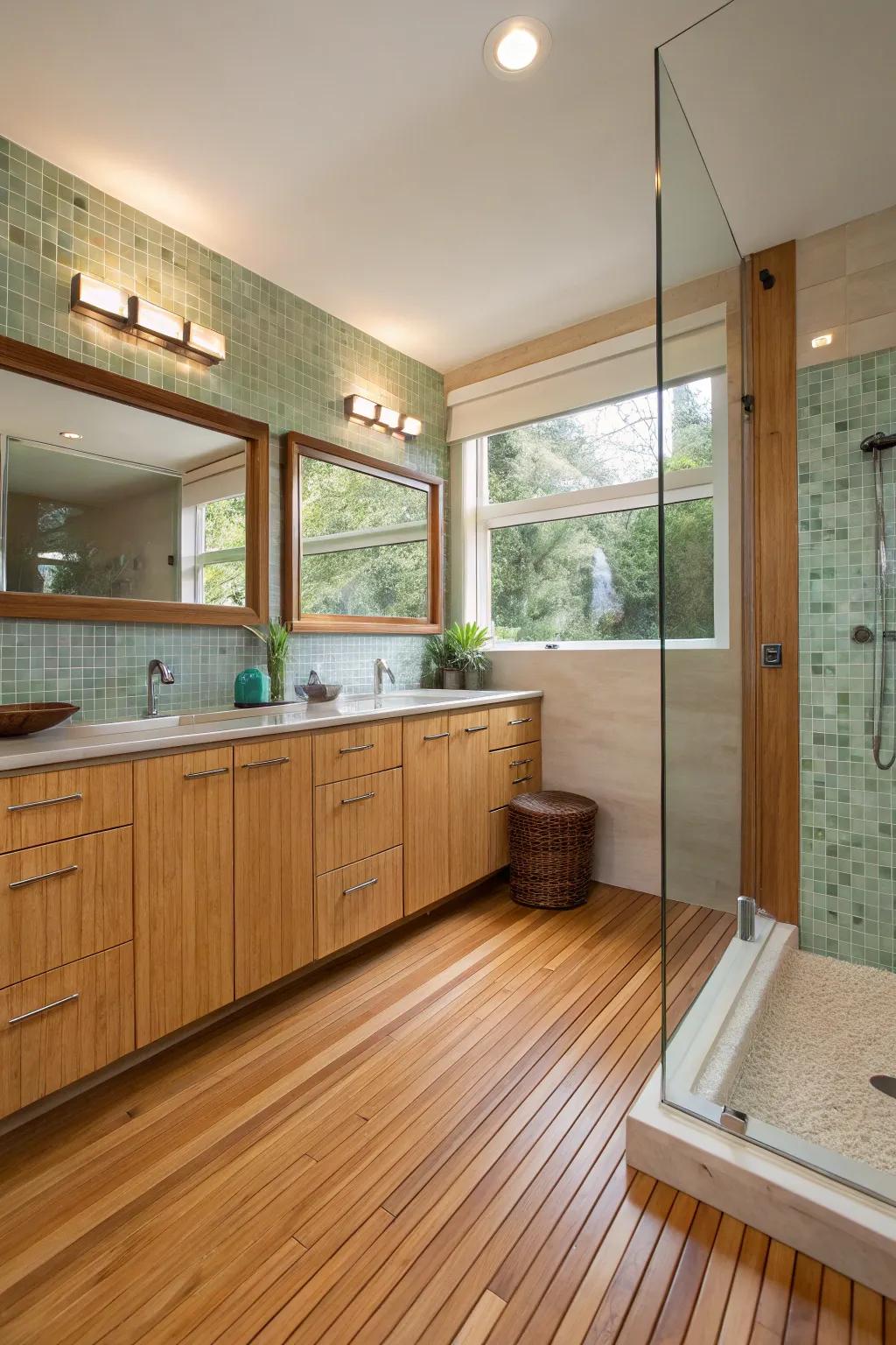 Eco-conscious bathroom showcasing bamboo and reclaimed glass features.