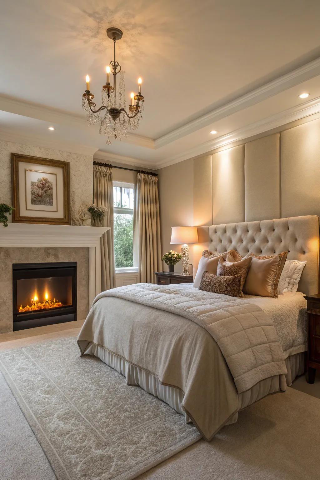 The bedroom ambiance is enhanced by accent lighting that adds depth and warmth to the fireplace.