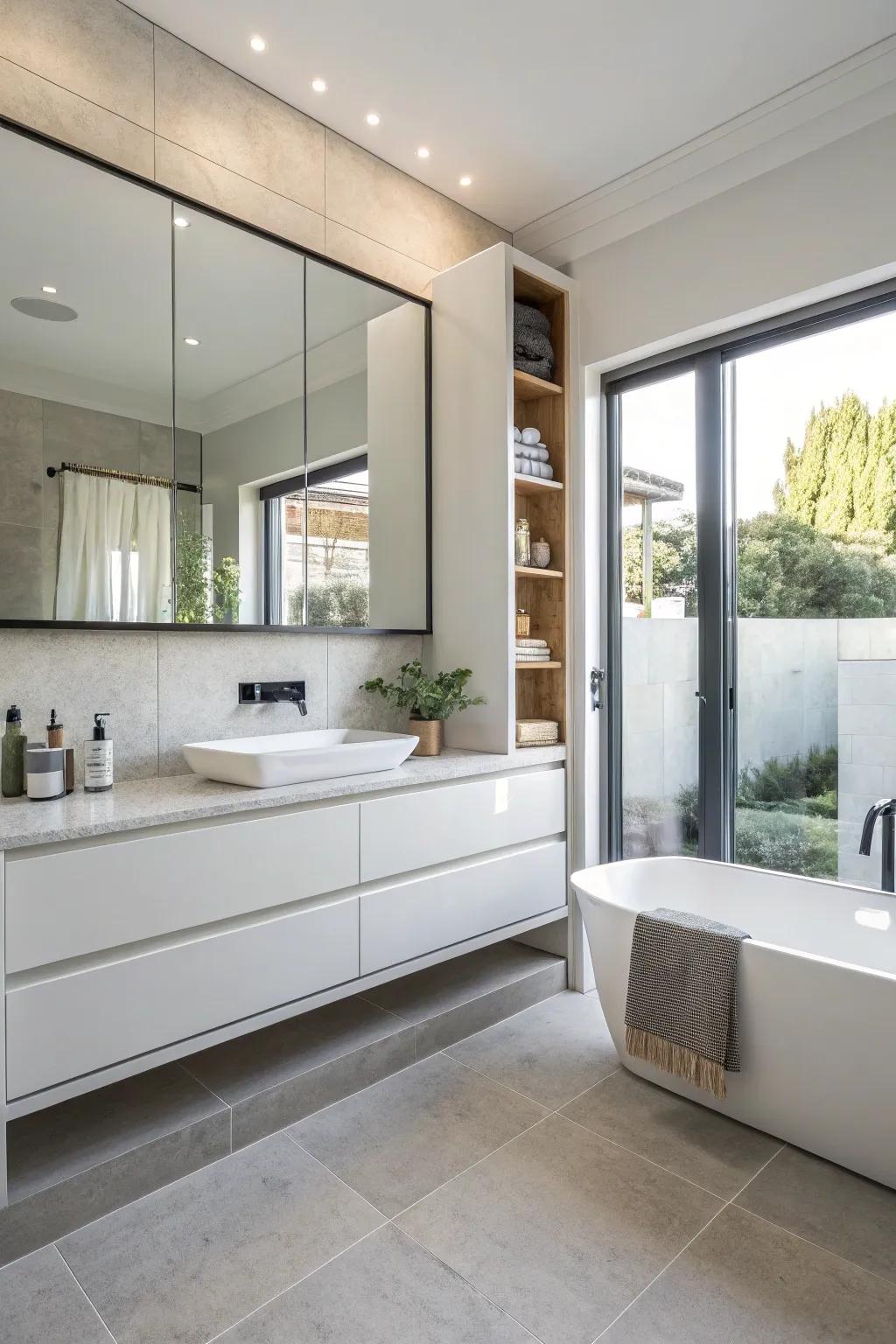 Floating cabinets create a sleek and airy design.