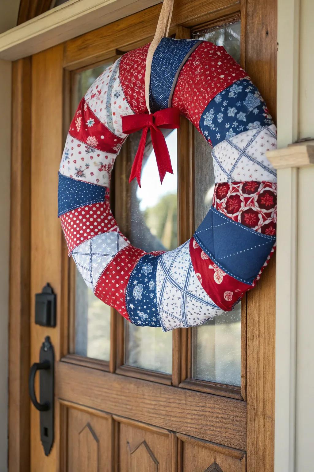 A vintage charm with a stitched textiles wreath.