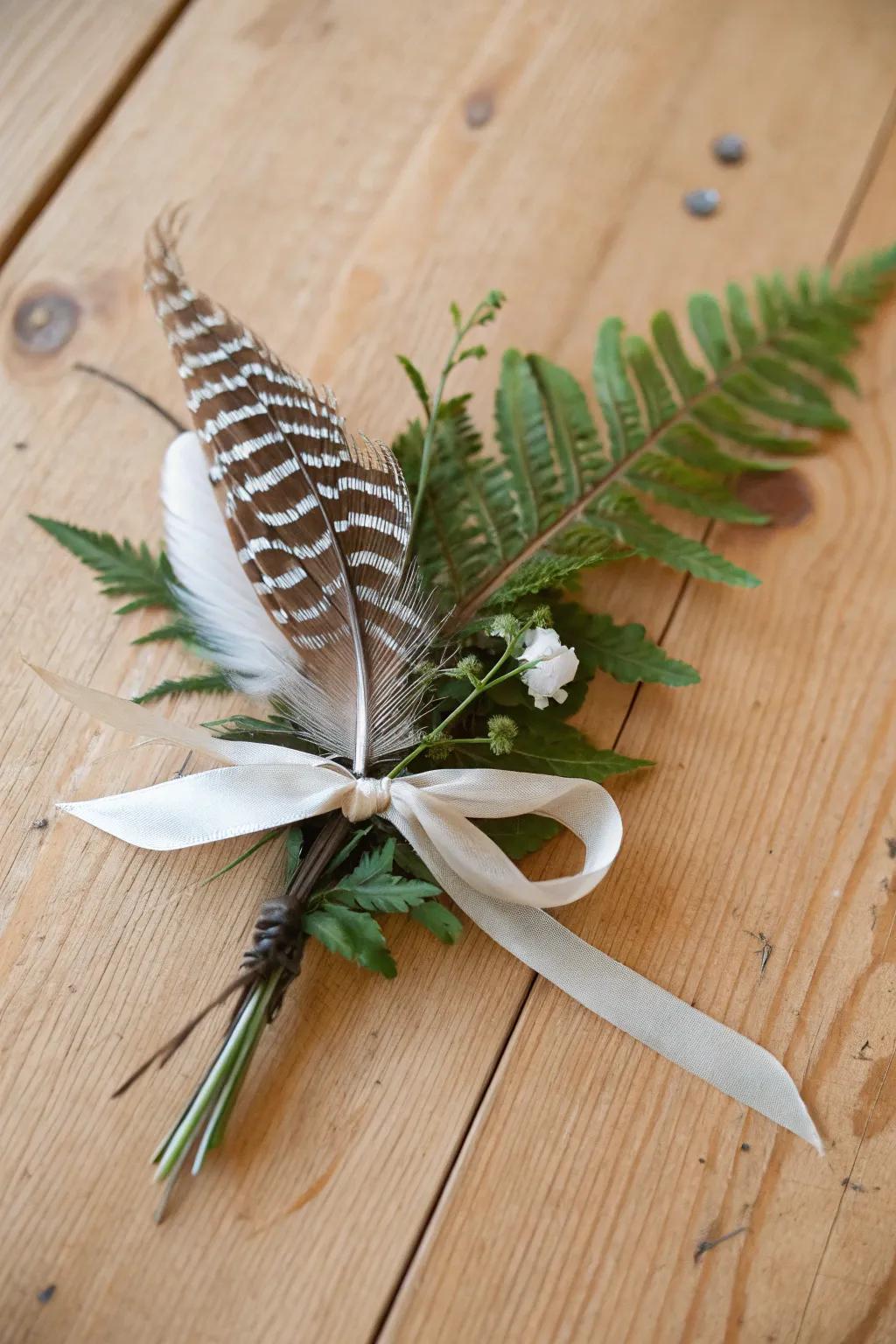Plume and fern boutonnieres offer natural elegance.