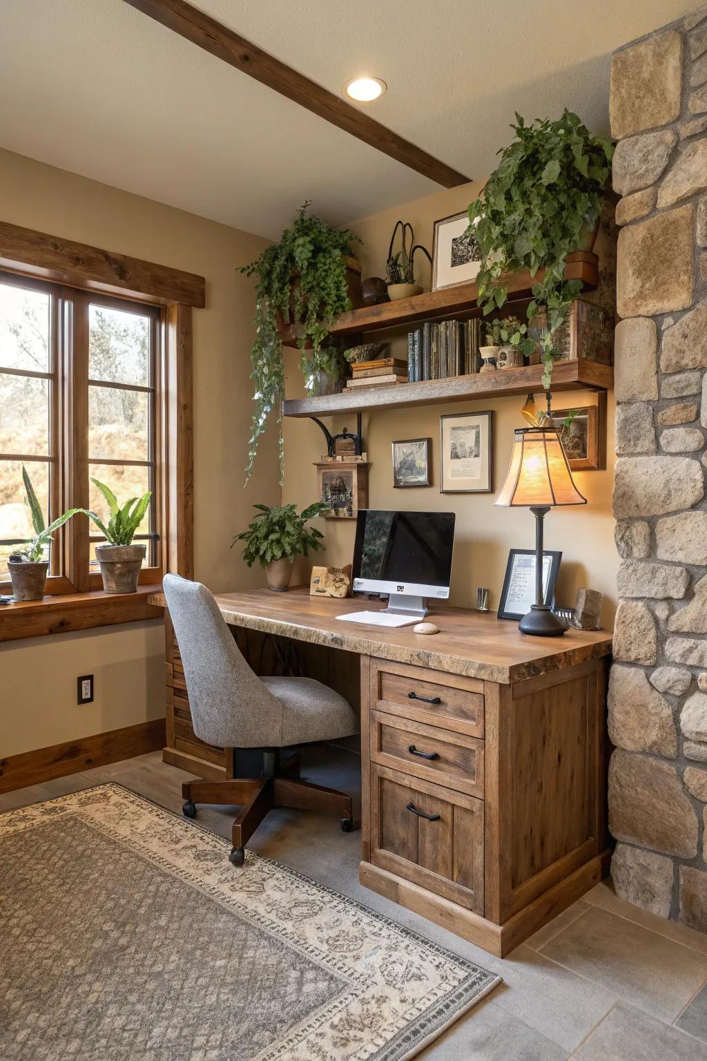 Natural materials add warmth and texture to this office space.