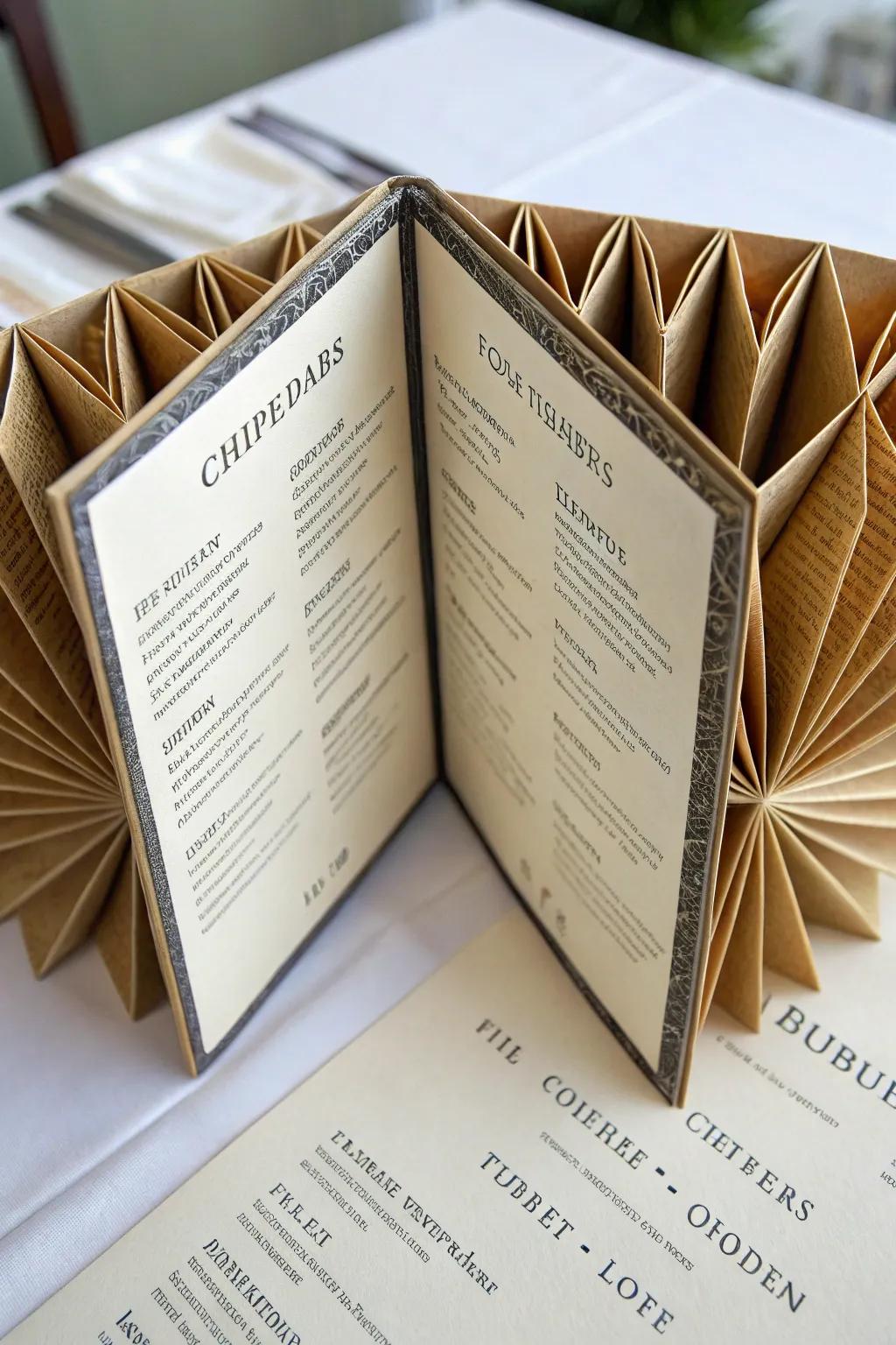 Innovative folding introduces an element of surprise to the menu.